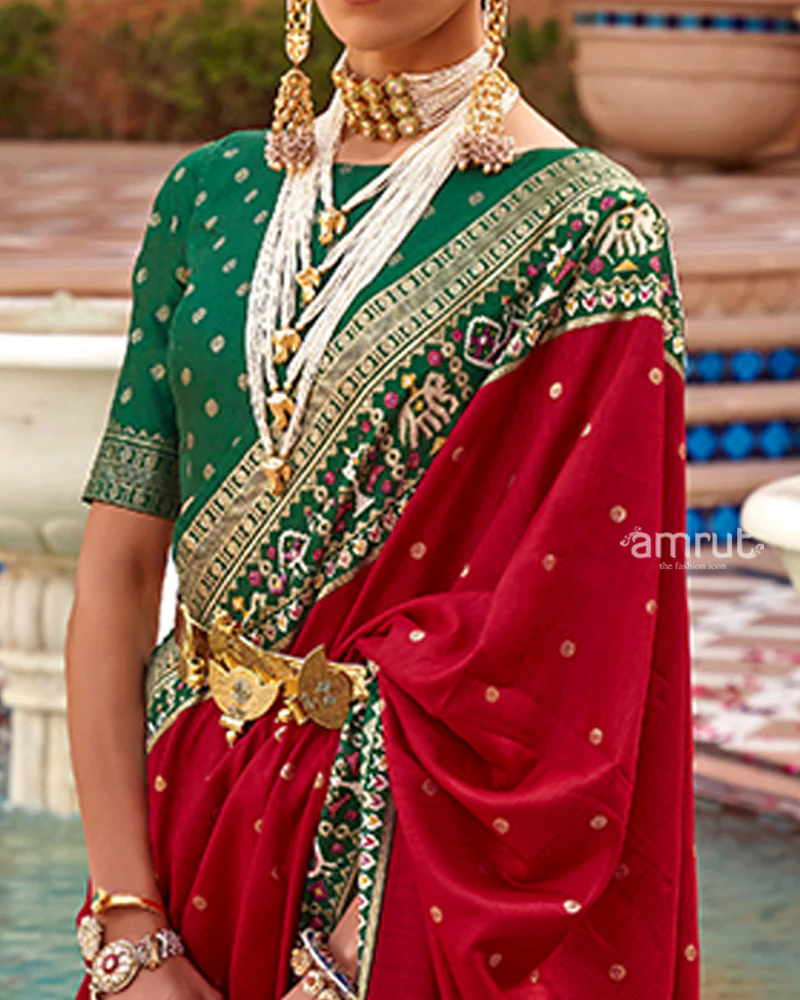 Red Zari Weaving Green Border Saree in Patola Silk with Unstitched Blouse - Image 3
