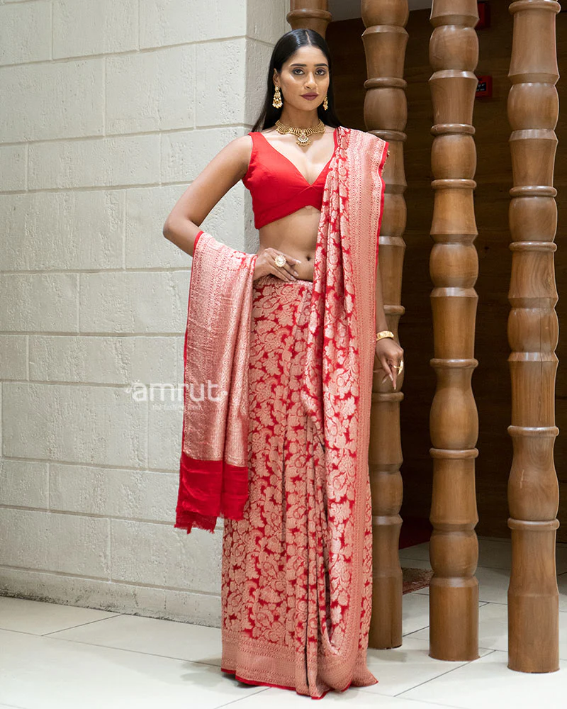 Red Zari Woven Banarasi Saree with Floral Motifs and Unstitched Blouse - Image 4