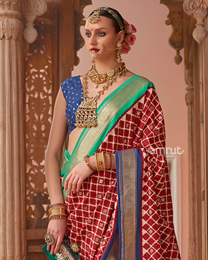 Red Zari Woven Patola Silk Saree with Unstitched Blouse - Image 2