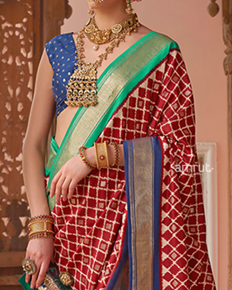 Red Zari Woven Patola Silk Saree with Unstitched Blouse - Image 3