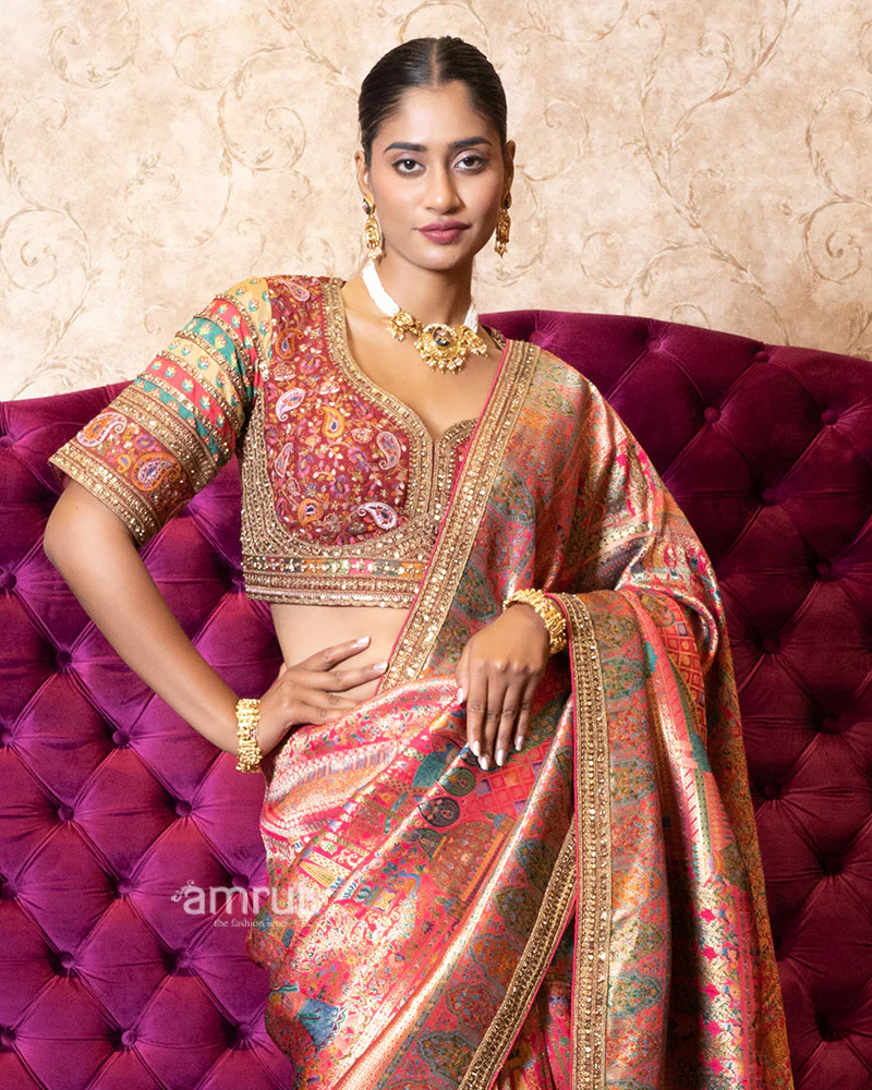 Red Zari Woven Silk Saree with Stitched Blouse - Image 2