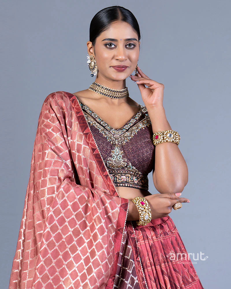Reddish Maroon Printed Lehenga Choli with Rose Dupatta - Image 2