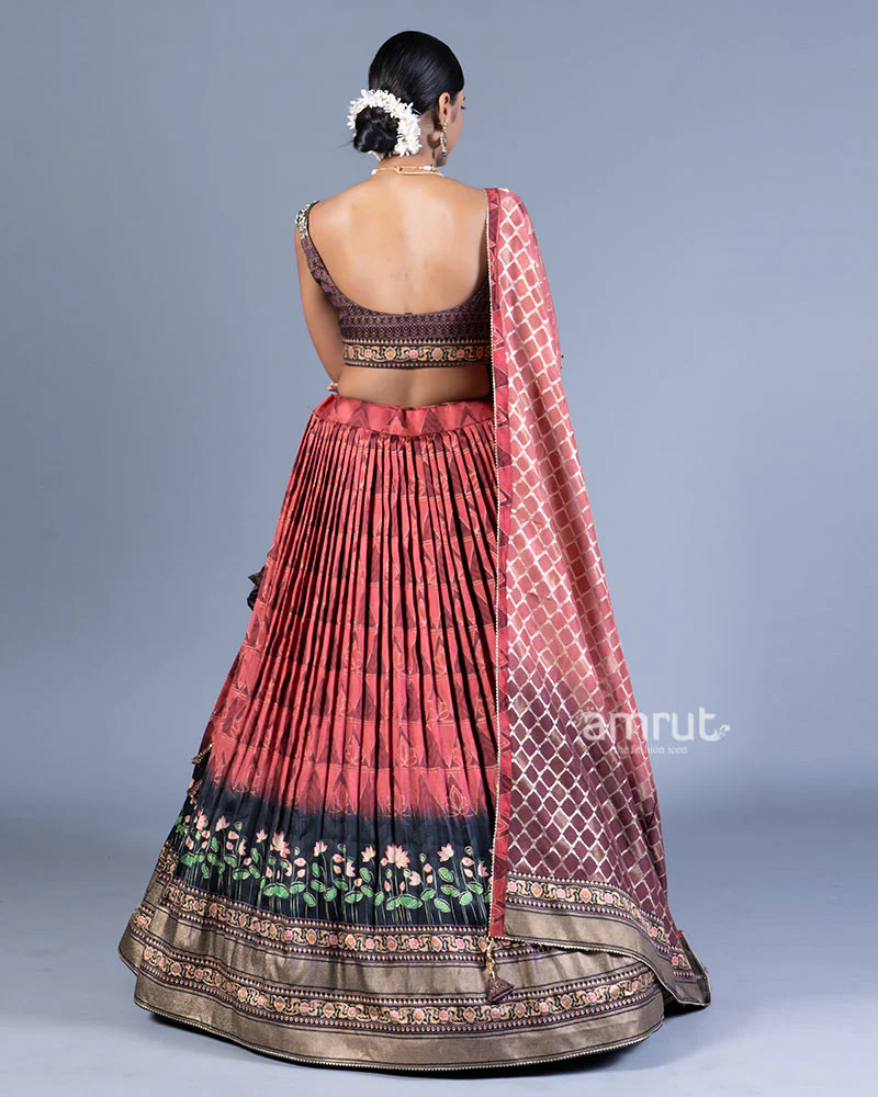 Reddish Maroon Printed Lehenga Choli with Rose Dupatta - Image 3