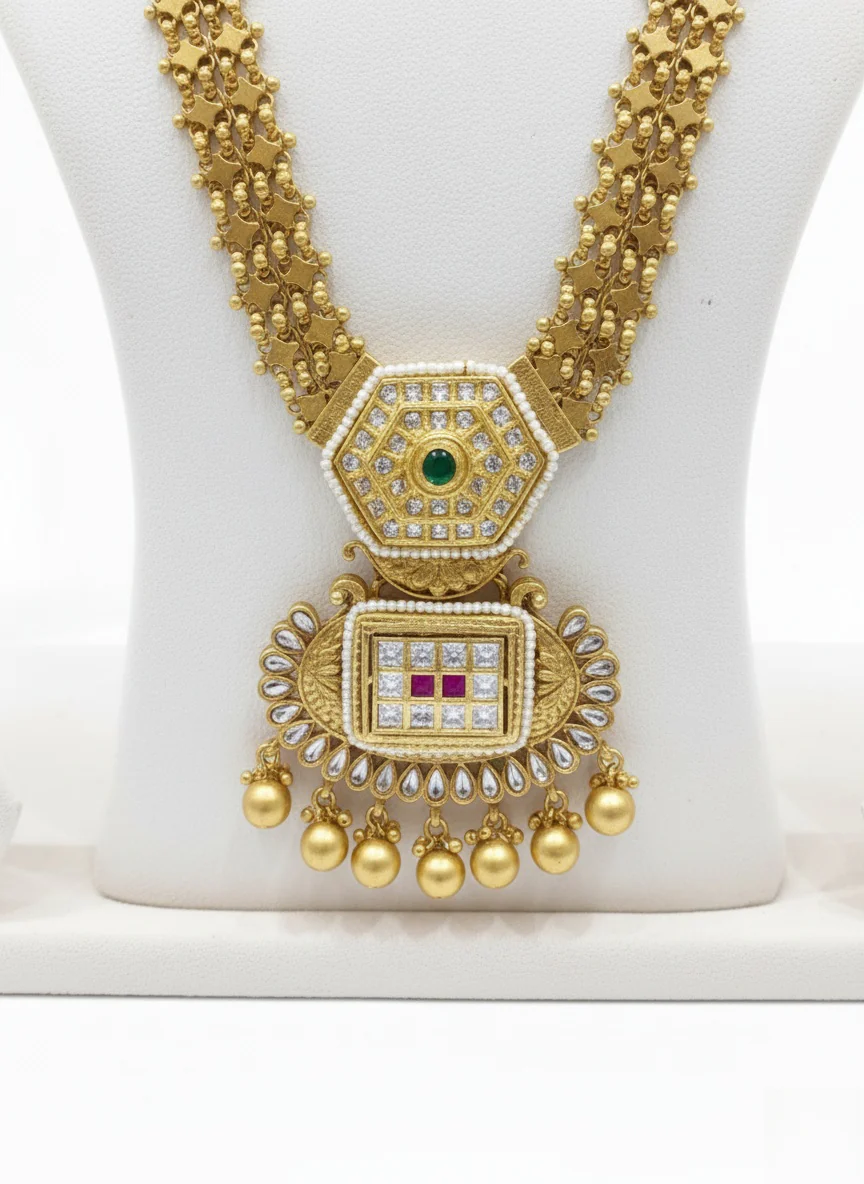 Regal Antique Gold Plated Temple Necklace Set with Kundan & Ruby Accents - Image 2