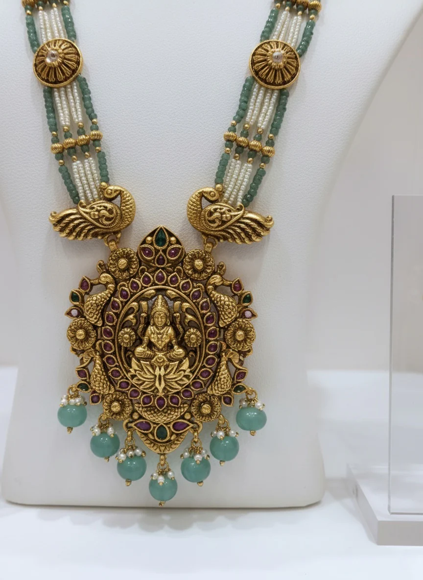 Regal Antique Jewellery with Mint Green and Pearl Strands - Image 3
