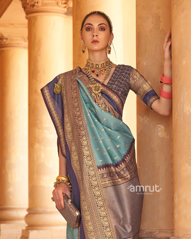 Regal Blue and Purple Borders Printed Patola Silk Saree with Unstitched Blouse - Image 2