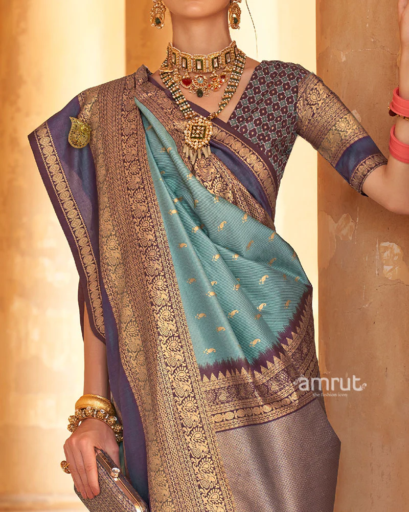 Regal Blue and Purple Borders Printed Patola Silk Saree with Unstitched Blouse - Image 3