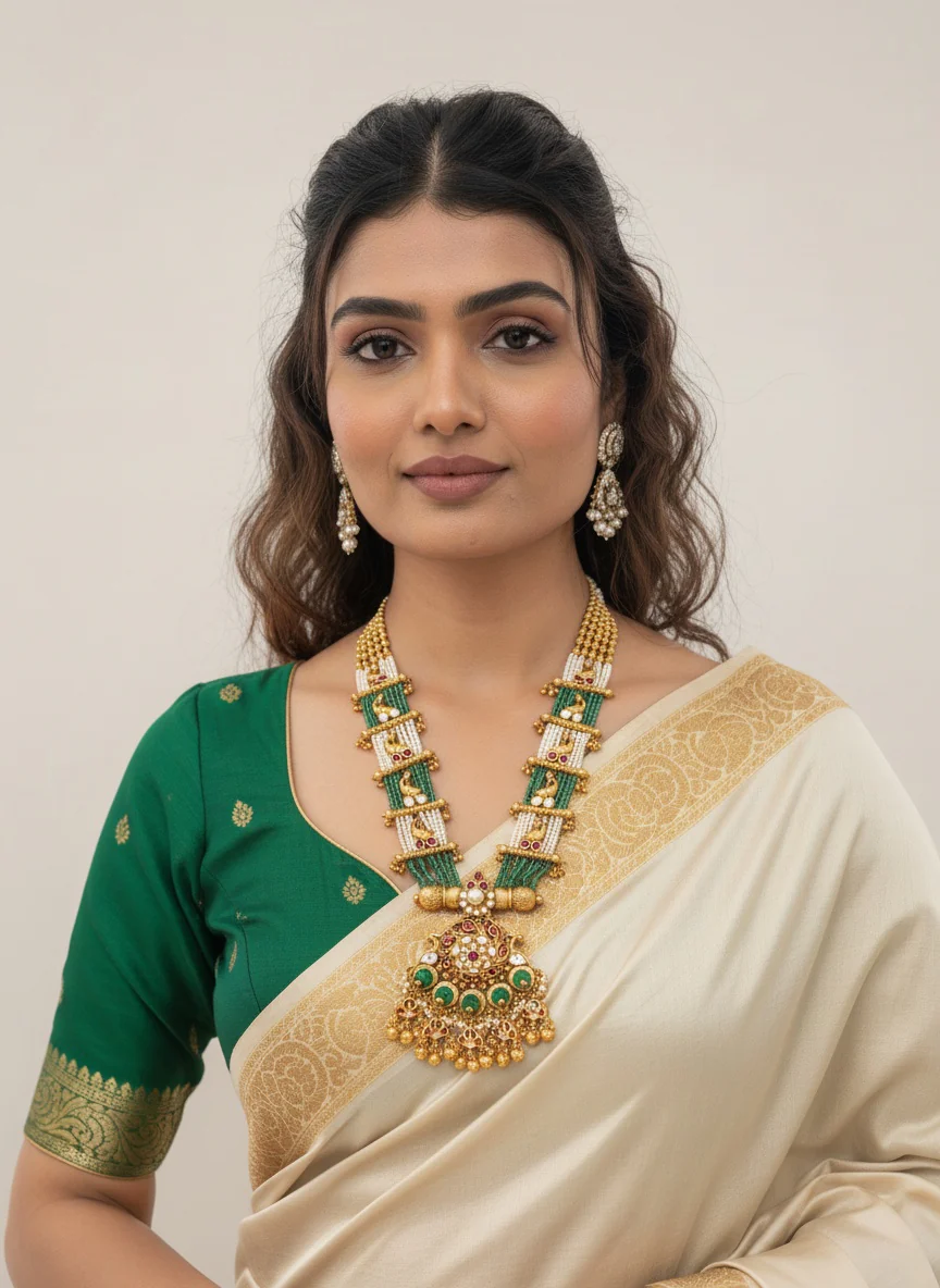 Regal Gold & Green Kundan Pendant Necklace Set with Matching Earrings - Image 2