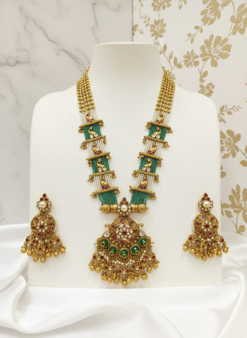 Regal Gold & Green Kundan Pendant Necklace Set with Matching Earrings - Image 4