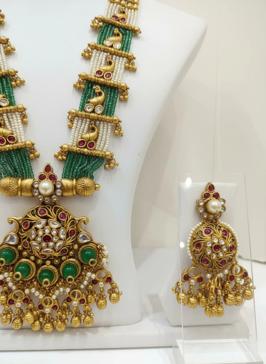 Regal Gold & Green Kundan Pendant Necklace Set with Matching Earrings - Image 5