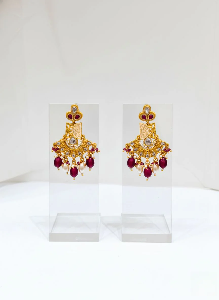 Regal Gold Temple Necklace Set with Ruby Beads & Kundan Detailing - Image 2