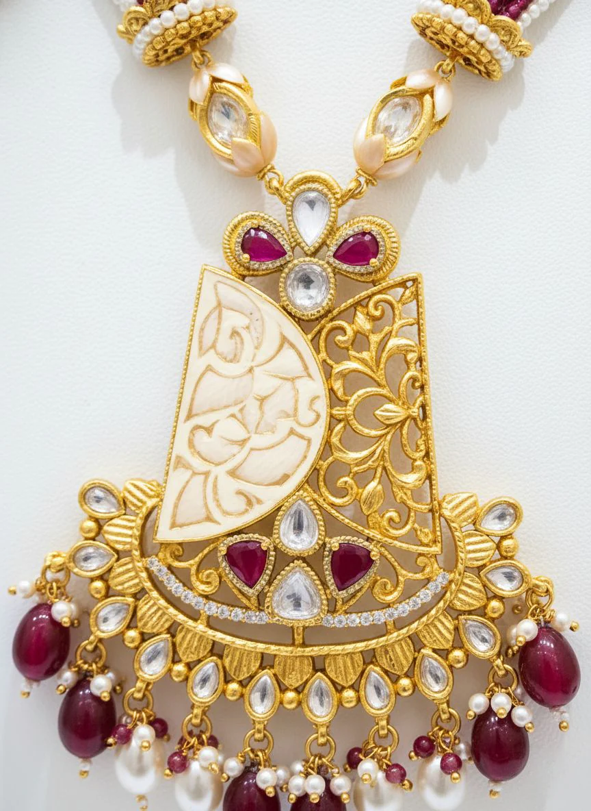 Regal Gold Temple Necklace Set with Ruby Beads & Kundan Detailing - Image 3