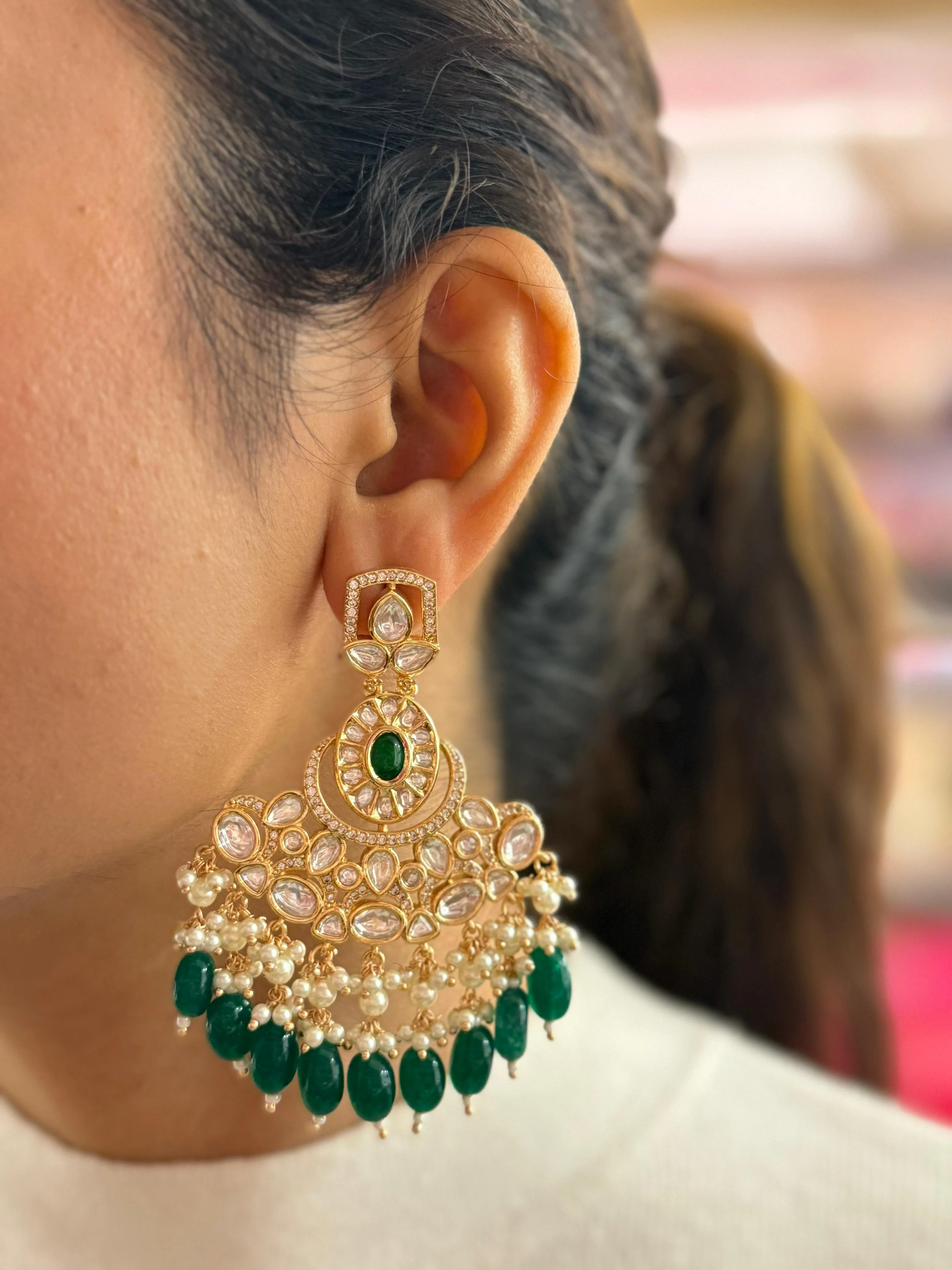 Regal Kundan & Emerald Choker Necklace Set with Layered Pearls - Image 2