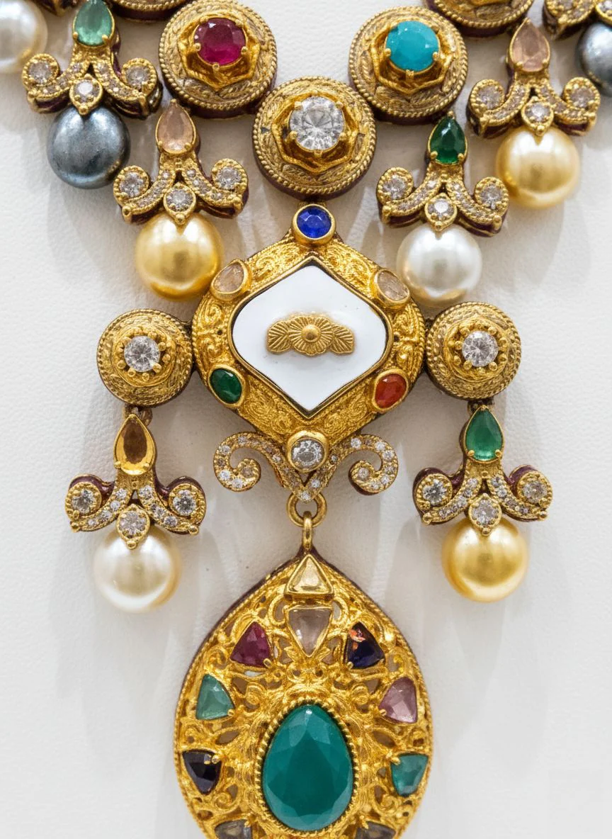 Regal Kundan & Multicolor Gemstone Bridal Necklace Set with Pearls - Image 3