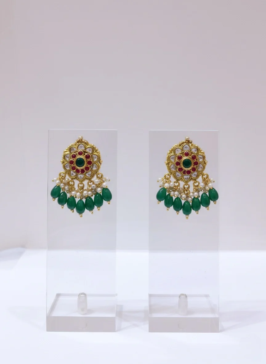 Regal Kundan & Pearl Bridal Necklace Set with Green Bead Drops – Necklace & Earrings - Image 2