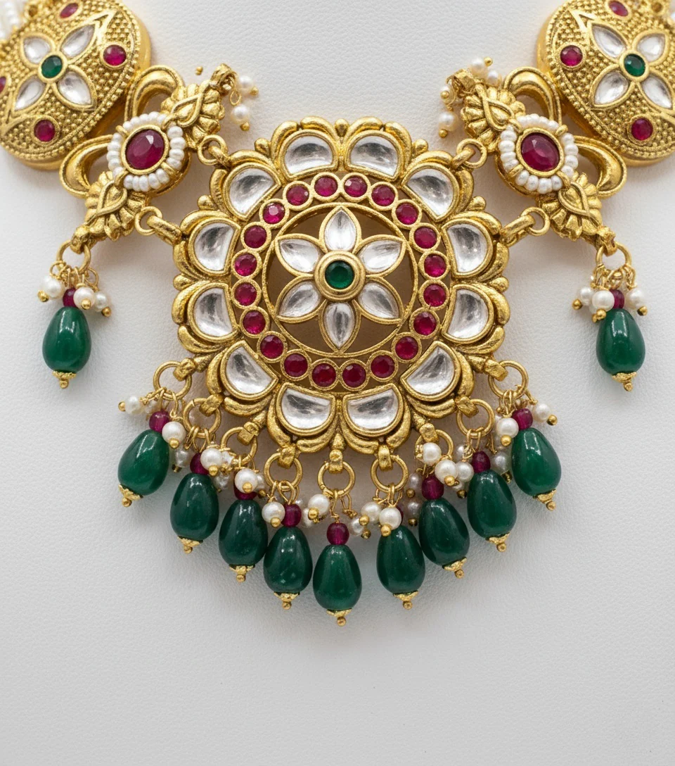 Regal Kundan & Pearl Bridal Necklace Set with Green Bead Drops – Necklace & Earrings - Image 3