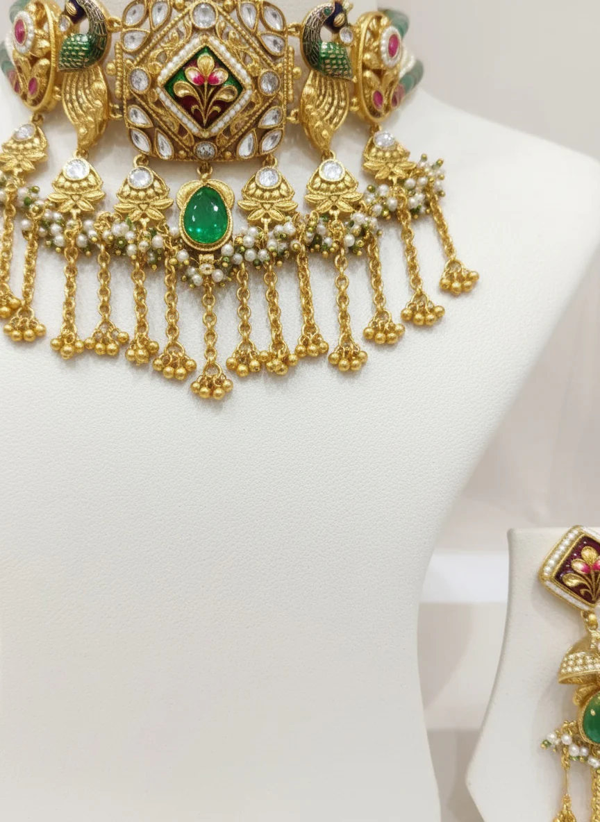 Regal Peacock Kundan Choker Necklace Set with Emerald Stones & Hanging Beads - Image 3