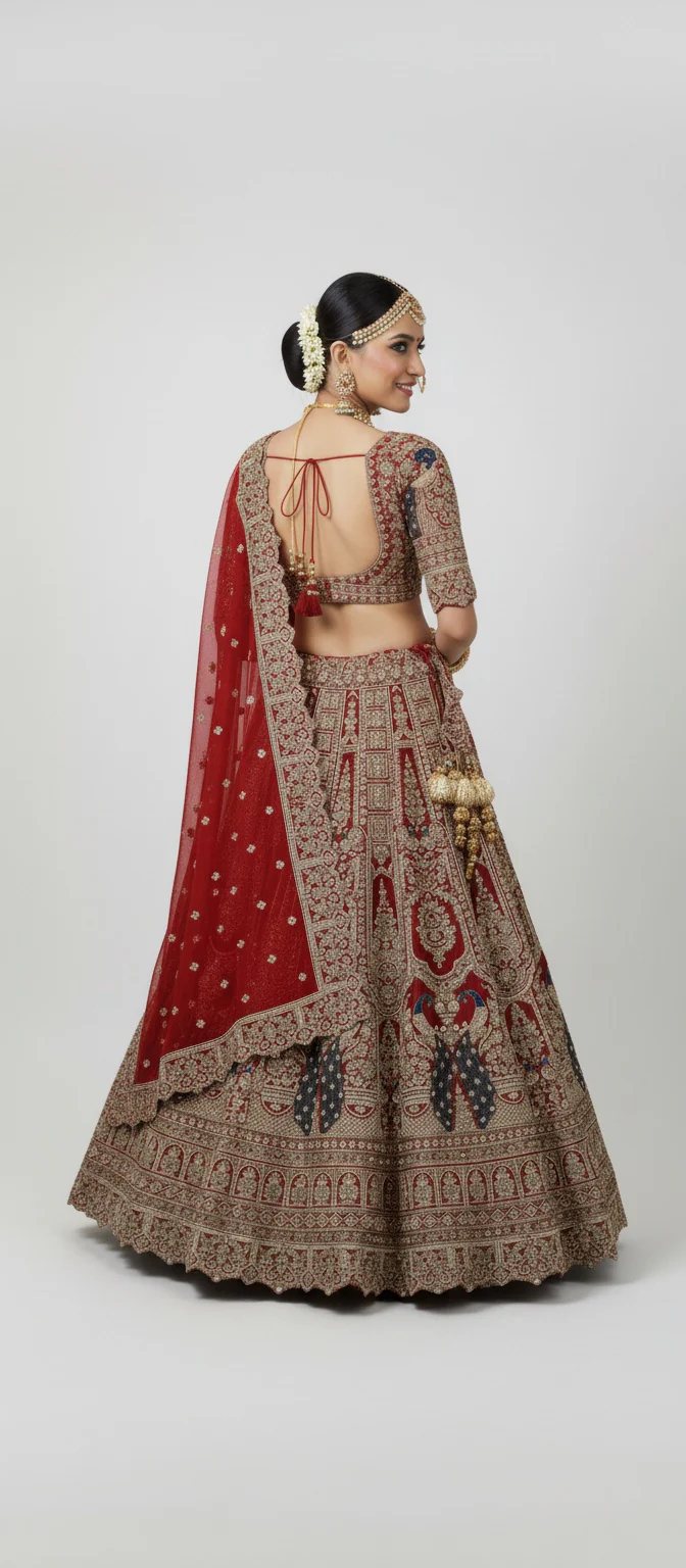 Regal Red Handcrafted Bridal Silk Lehenga with Peacock Motifs & Zardozi Embroidery - Image 3