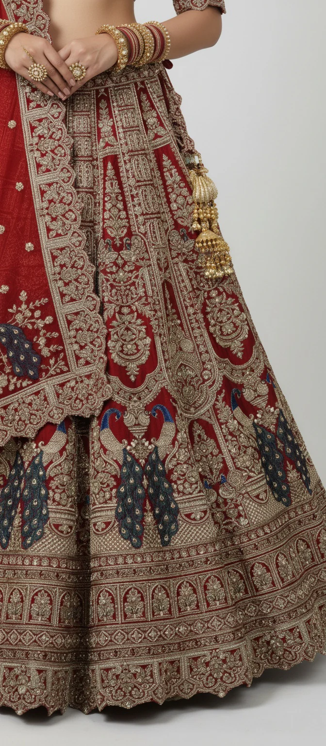 Regal Red Handcrafted Bridal Silk Lehenga with Peacock Motifs & Zardozi Embroidery - Image 7