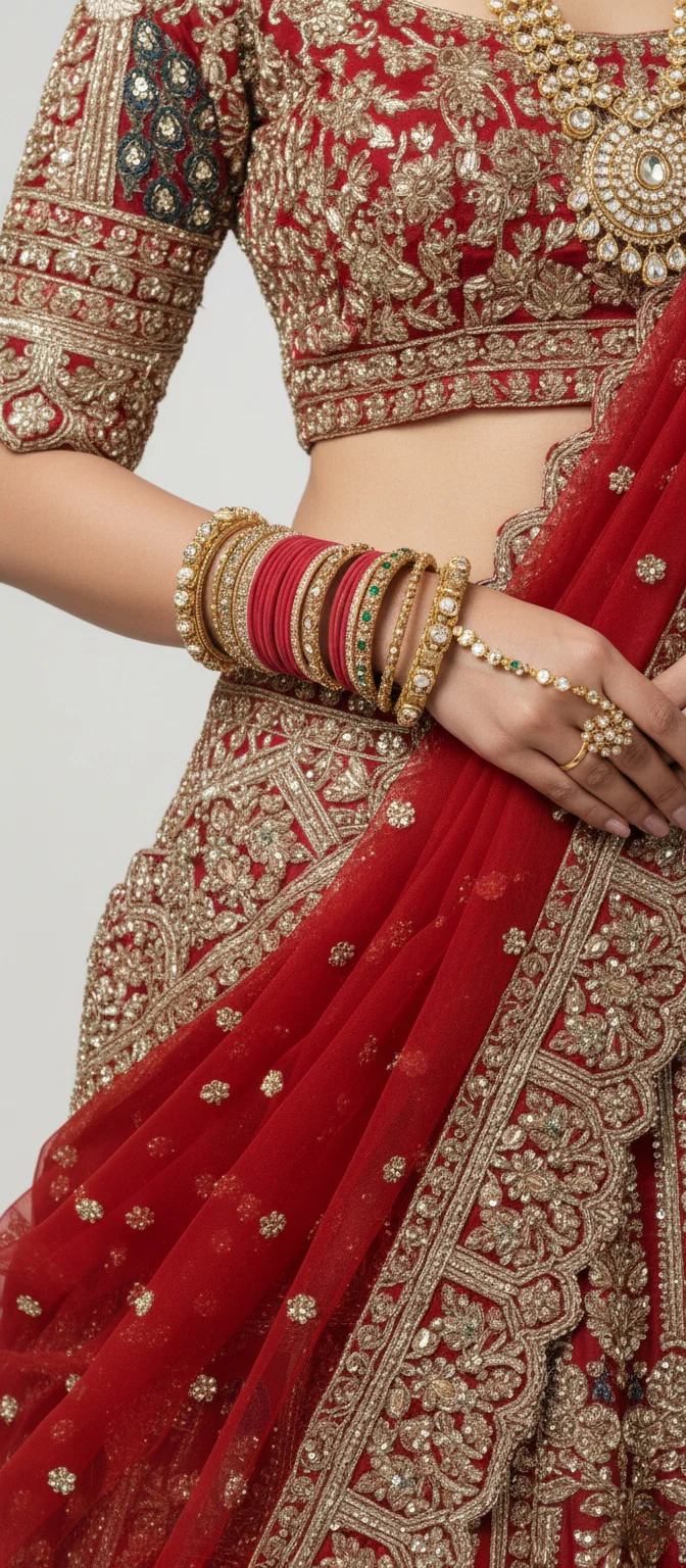 Regal Red Handcrafted Bridal Silk Lehenga with Peacock Motifs & Zardozi Embroidery - Image 8