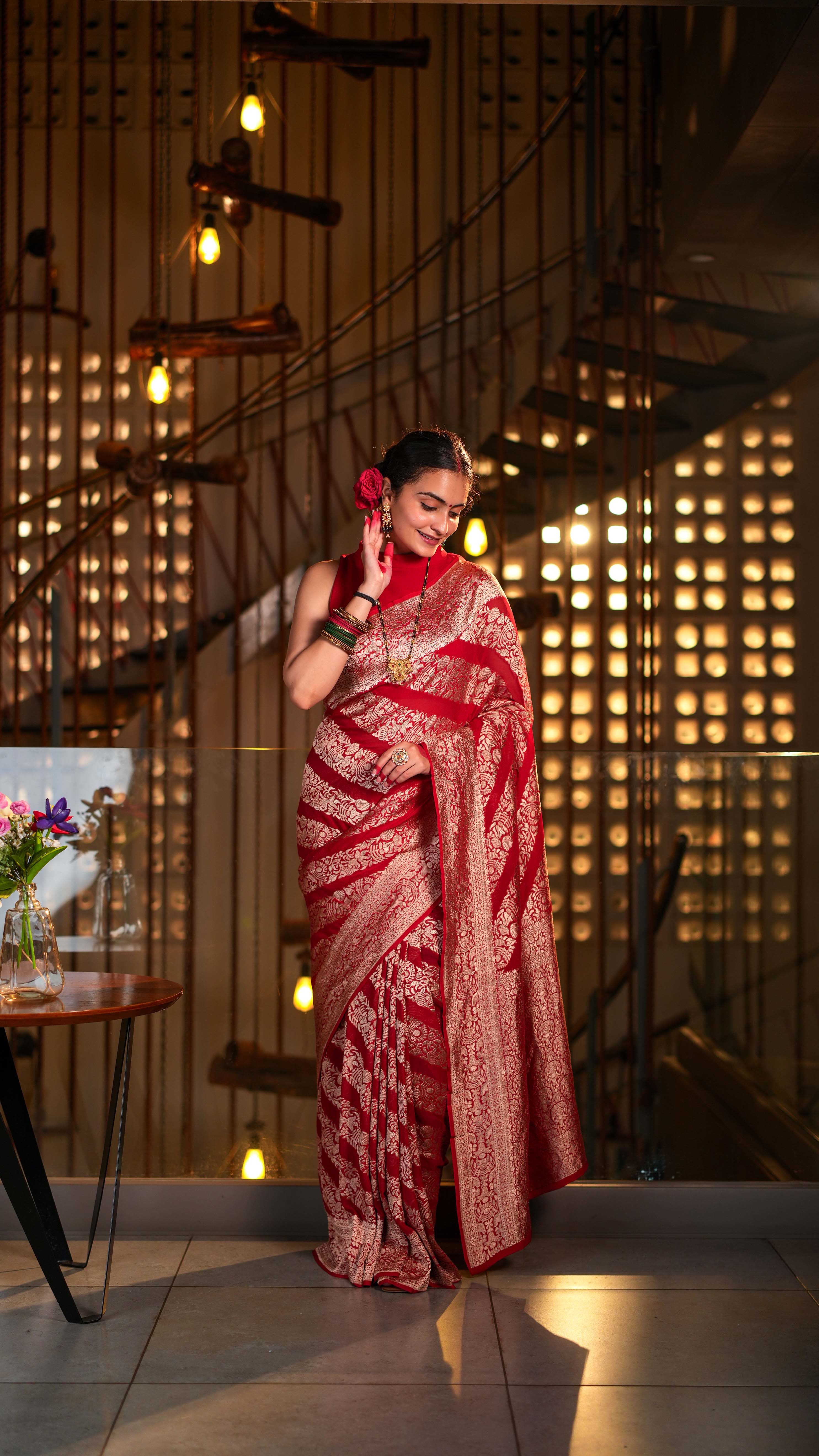 Regal Red Khaddi Georgette Banarasi Saree Silver Zari Weaving with Unstitched Blouse - Image 3