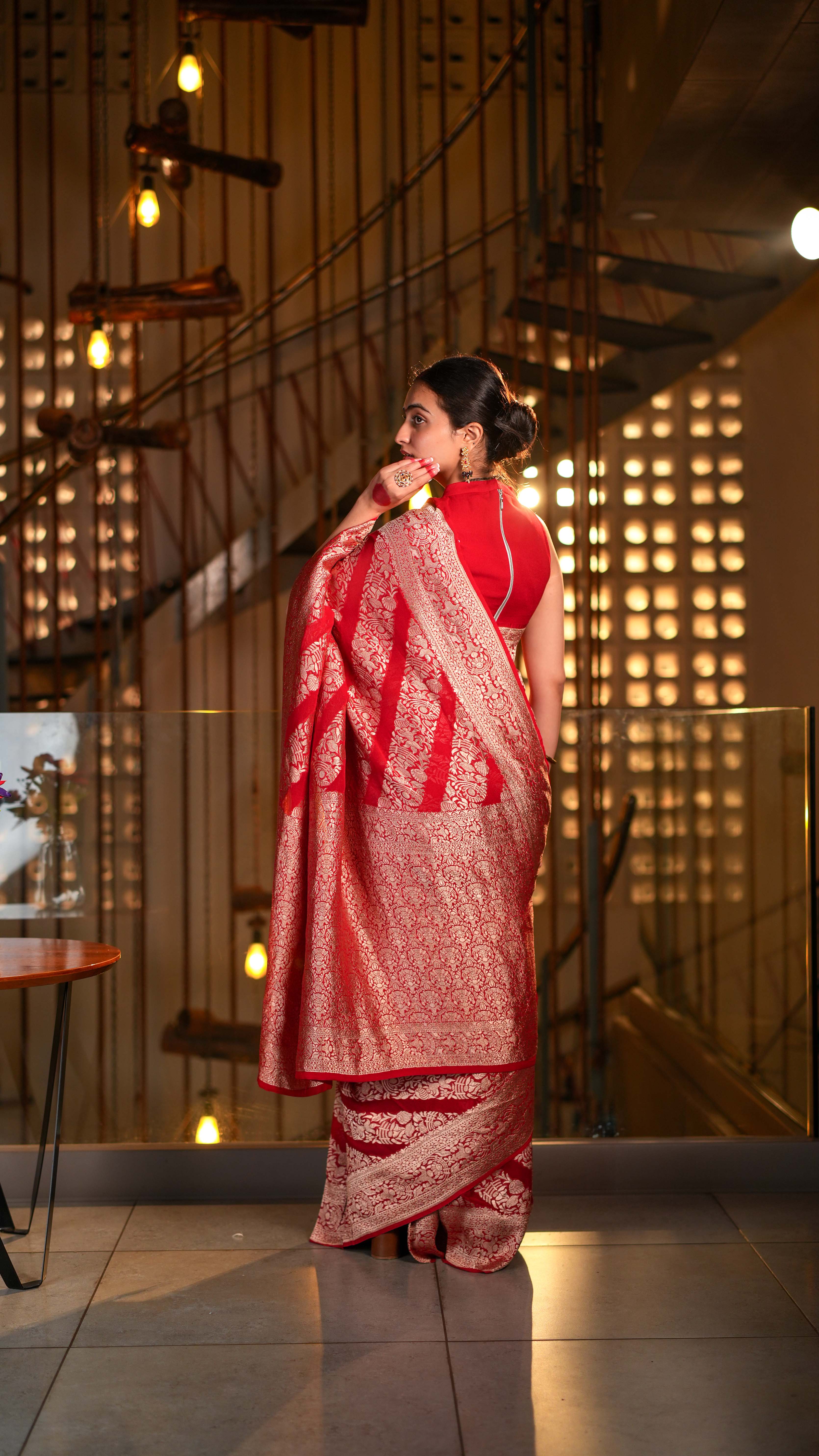 Regal Red Khaddi Georgette Banarasi Saree Silver Zari Weaving with Unstitched Blouse - Image 4