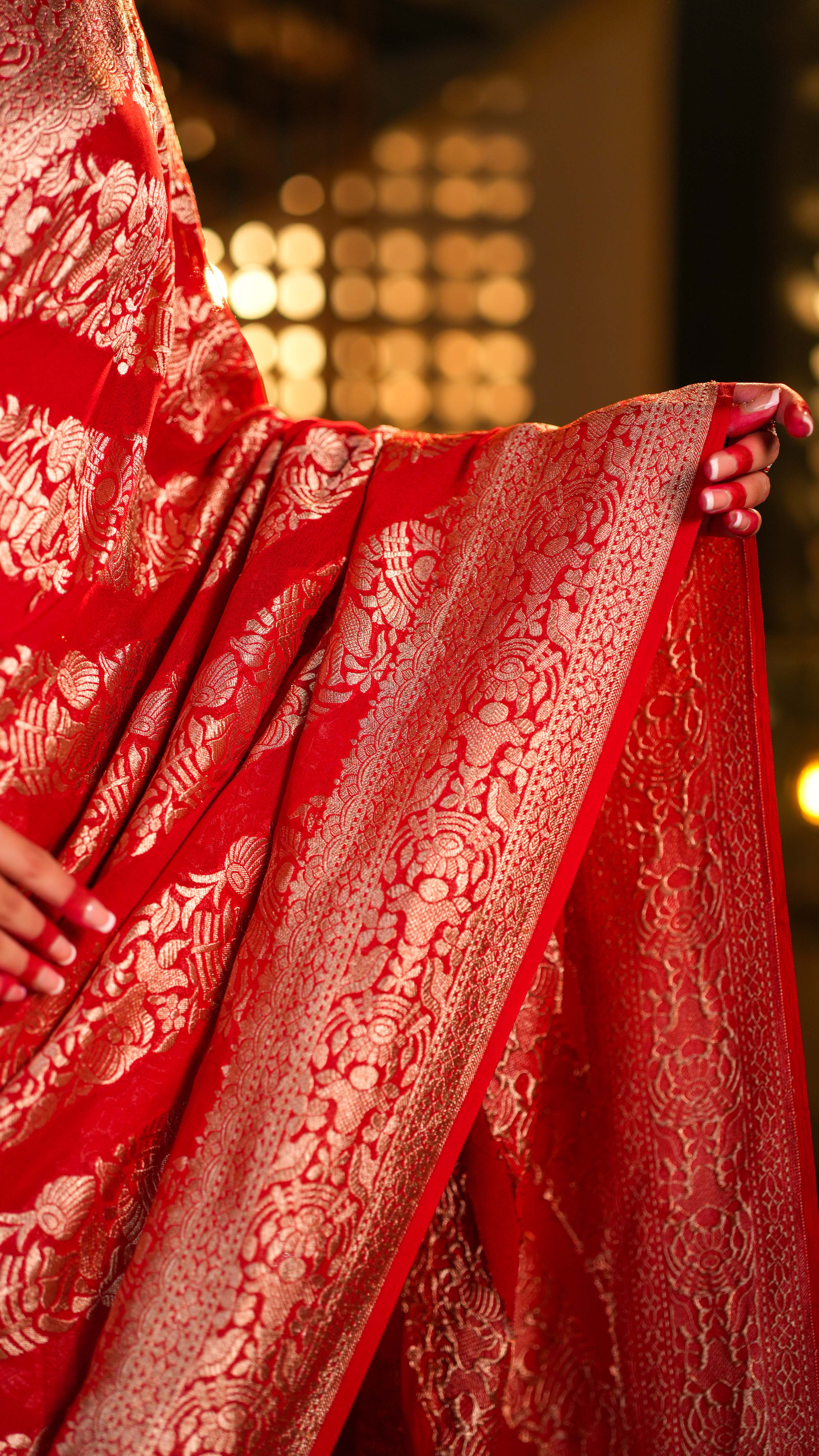 Regal Red Khaddi Georgette Banarasi Saree Silver Zari Weaving with Unstitched Blouse - Image 5