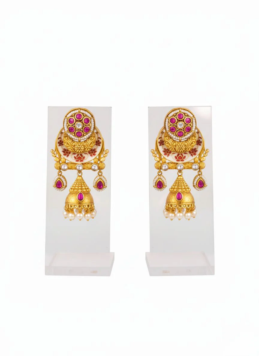 Regal Ruby Temple Necklace Set with Pearl Drops & Antique Gold Detailing - Image 2