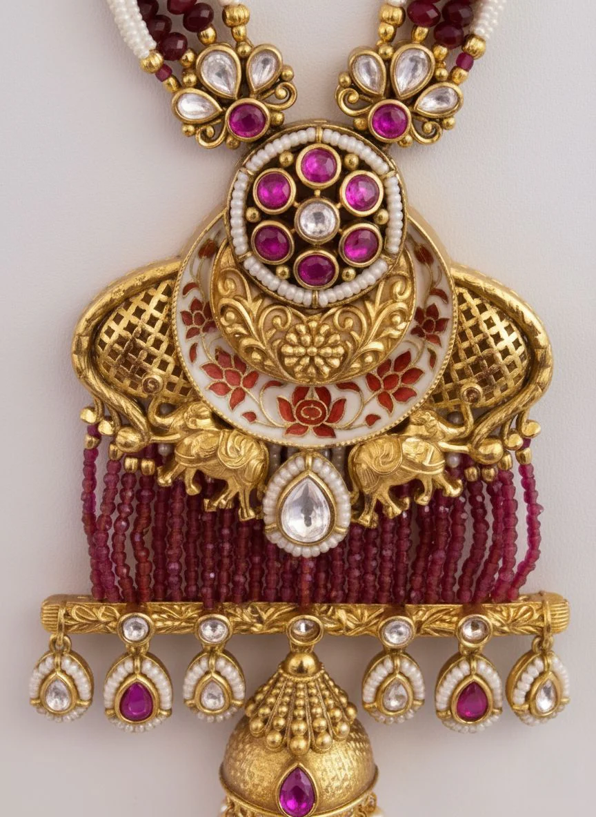 Regal Ruby Temple Necklace Set with Pearl Drops & Antique Gold Detailing - Image 3