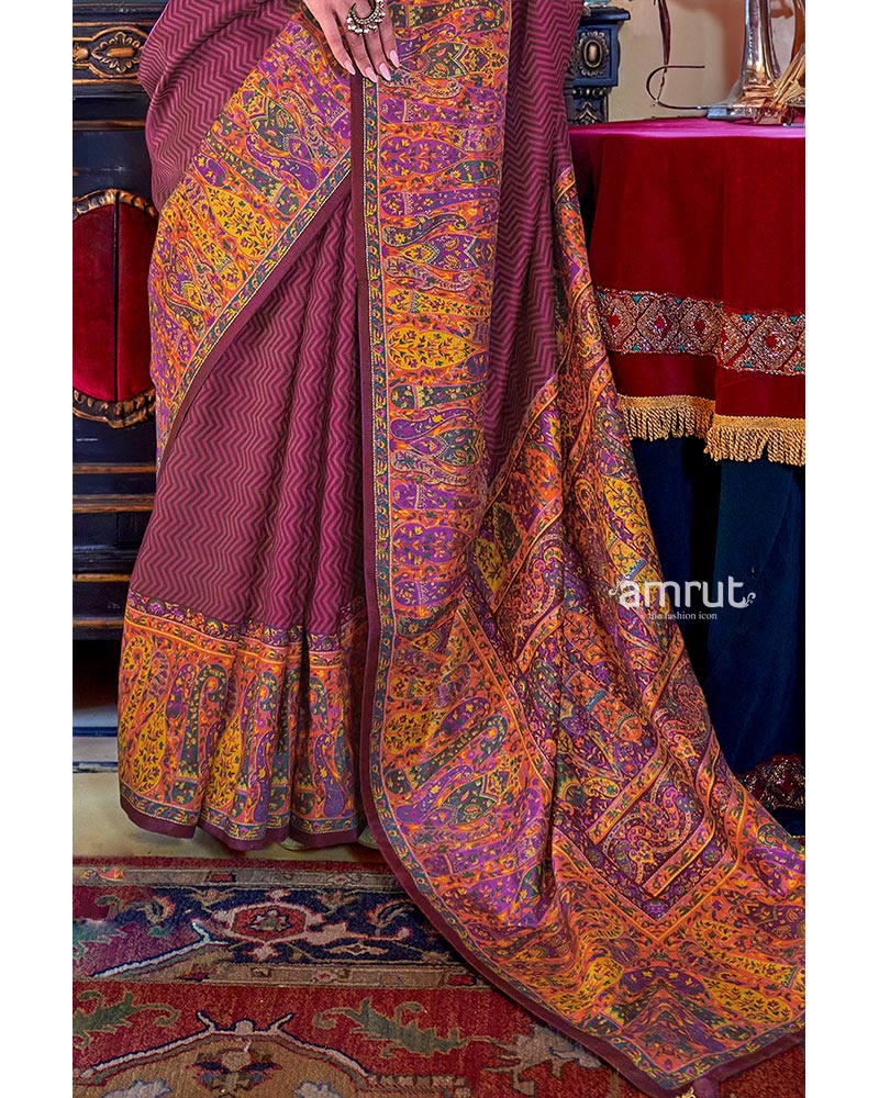 Rich Maroon Pashmina Silk Saree Embellished Exquisite Heavy Print Border With Unstitched Blouse - Image 3