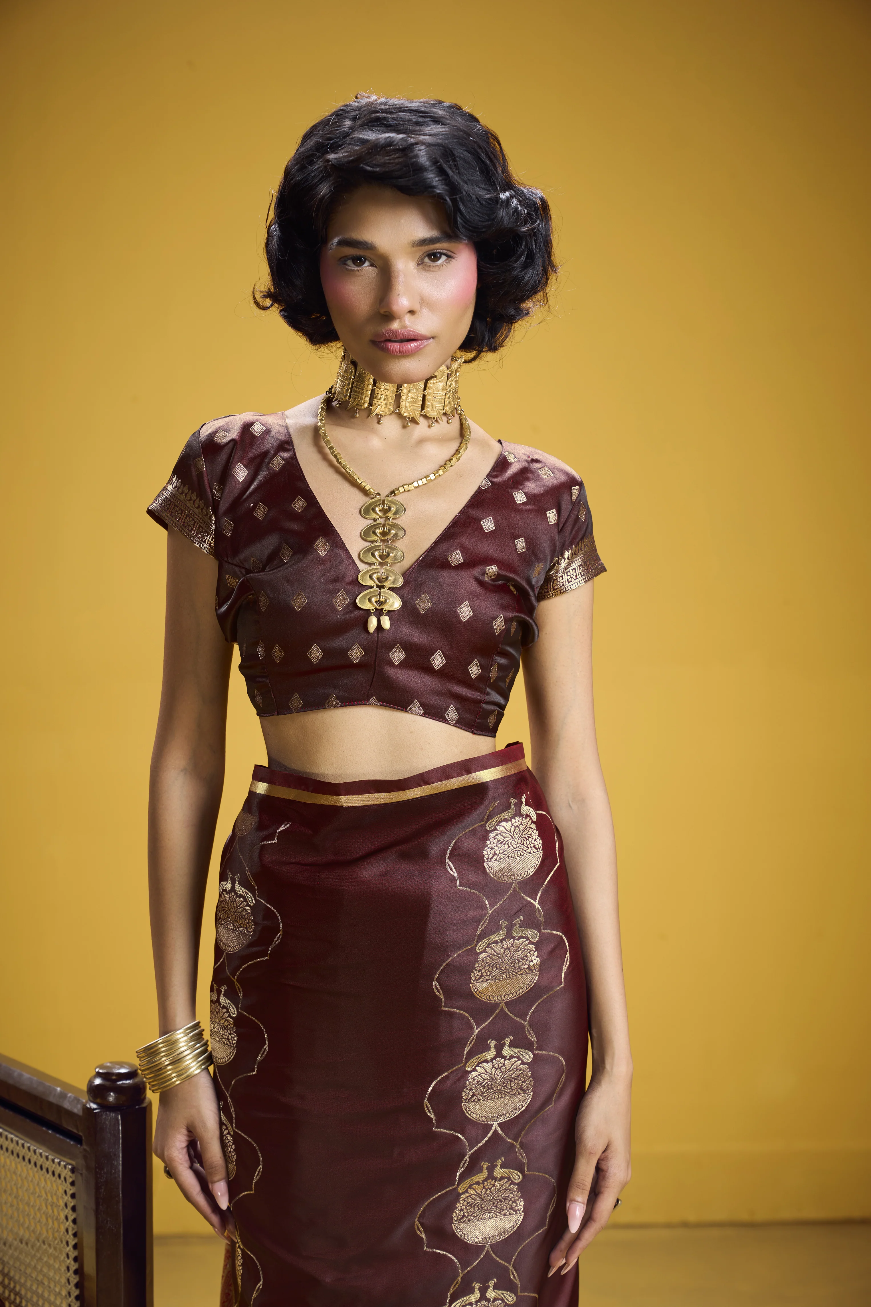 Rich Maroon Satin Handloom Saree with Gold Woven Motifs & Grand Pallu - Image 2
