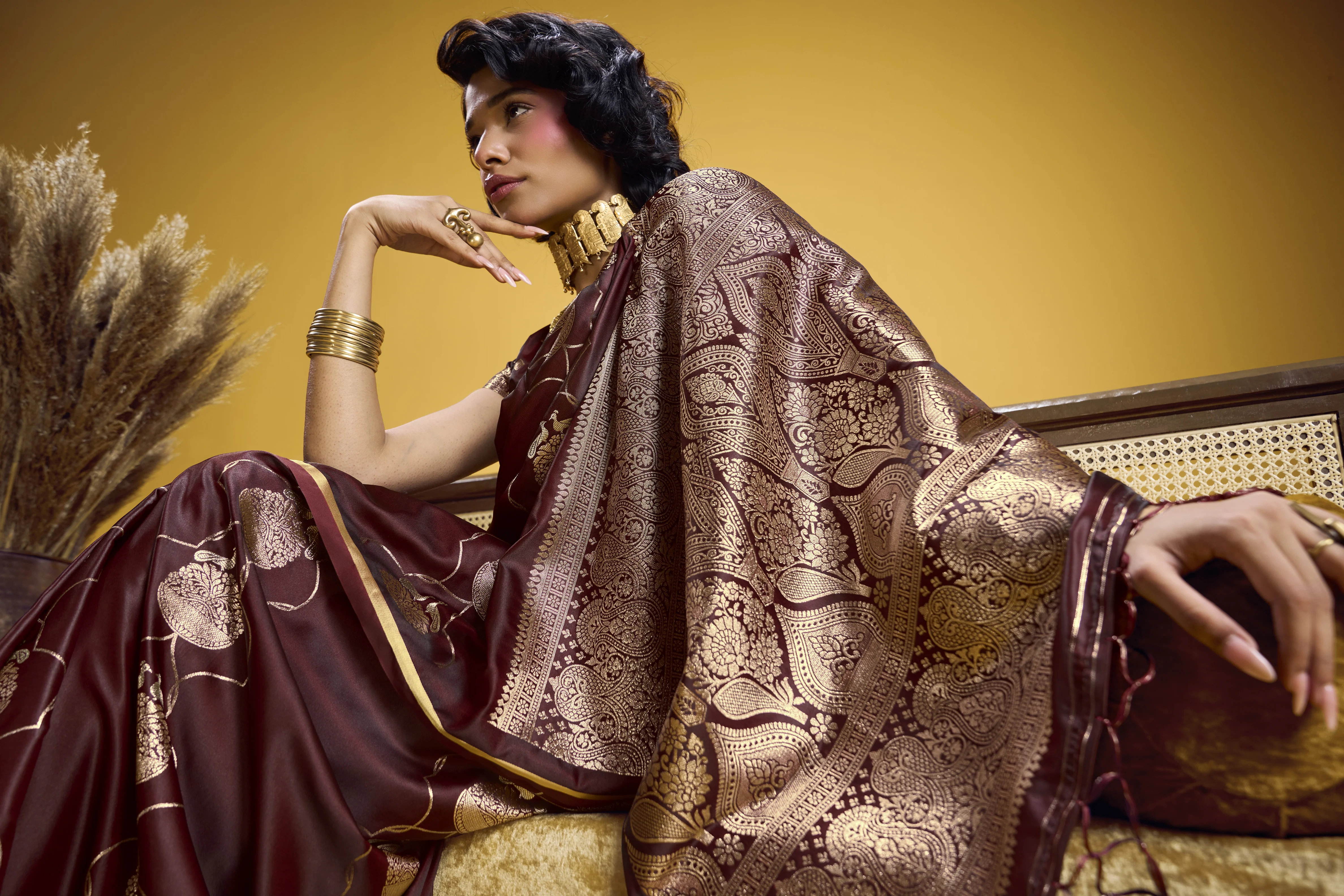 Rich Maroon Satin Handloom Saree with Gold Woven Motifs & Grand Pallu - Image 3