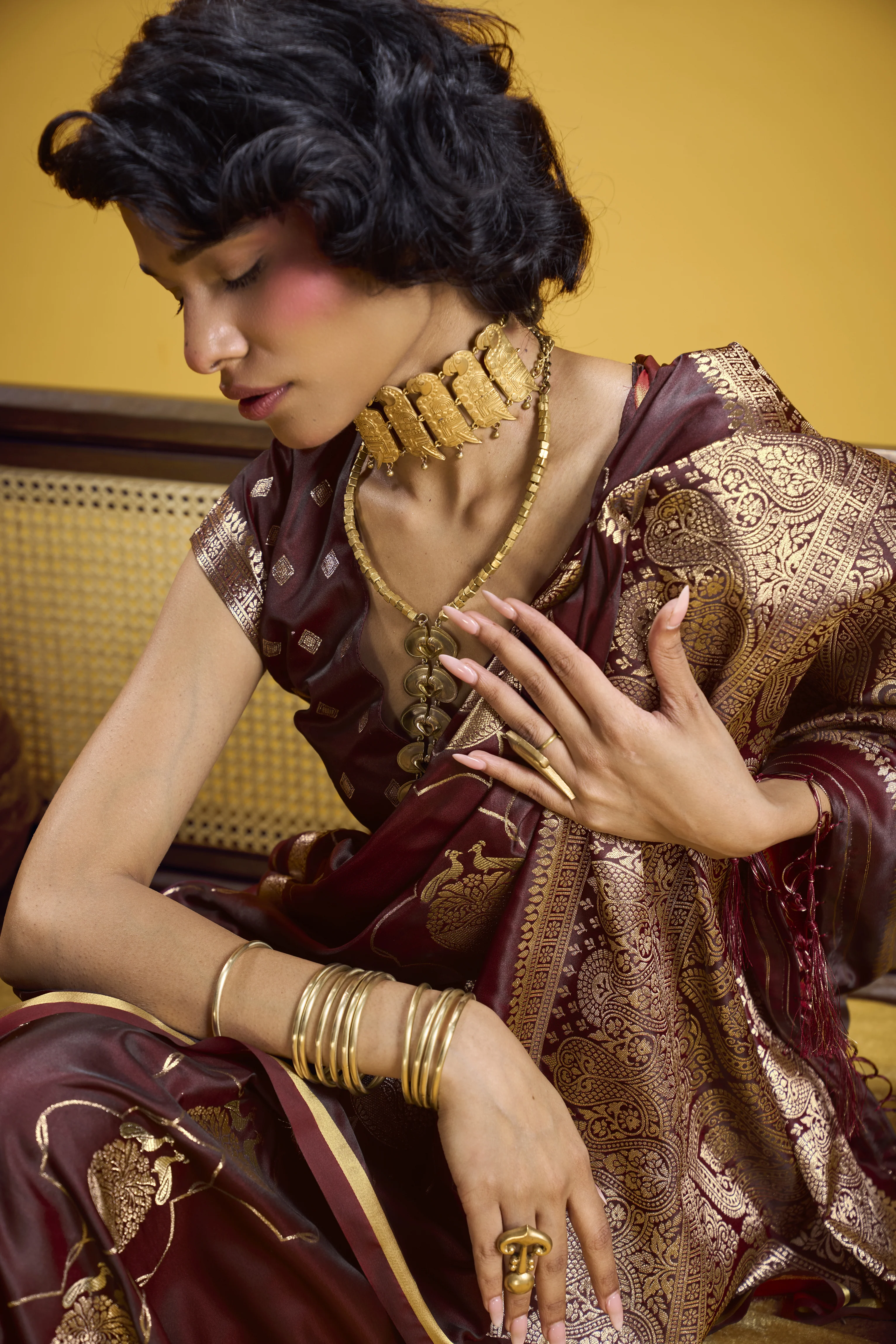 Rich Maroon Satin Handloom Saree with Gold Woven Motifs & Grand Pallu - Image 4