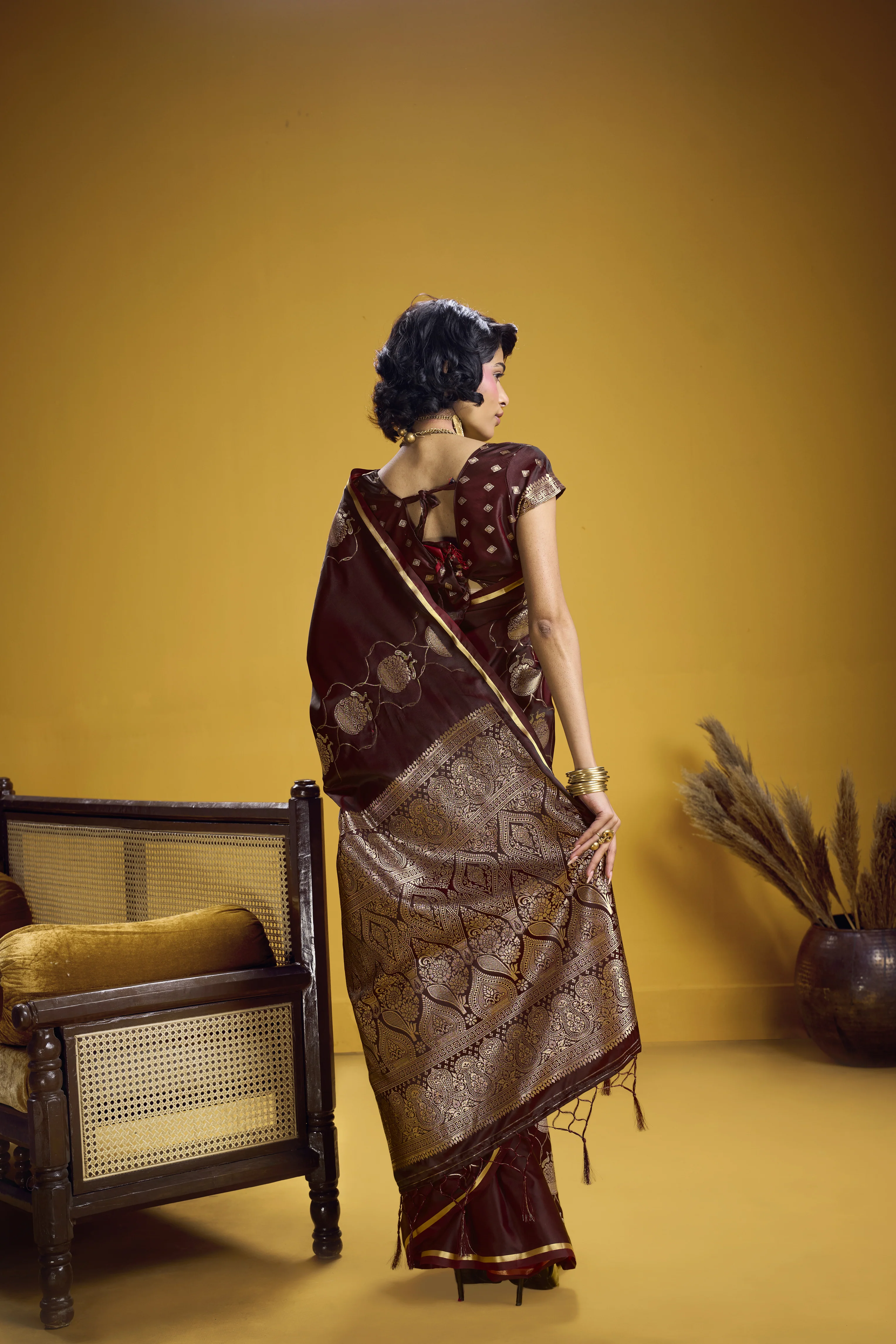 Rich Maroon Satin Handloom Saree with Gold Woven Motifs & Grand Pallu - Image 5