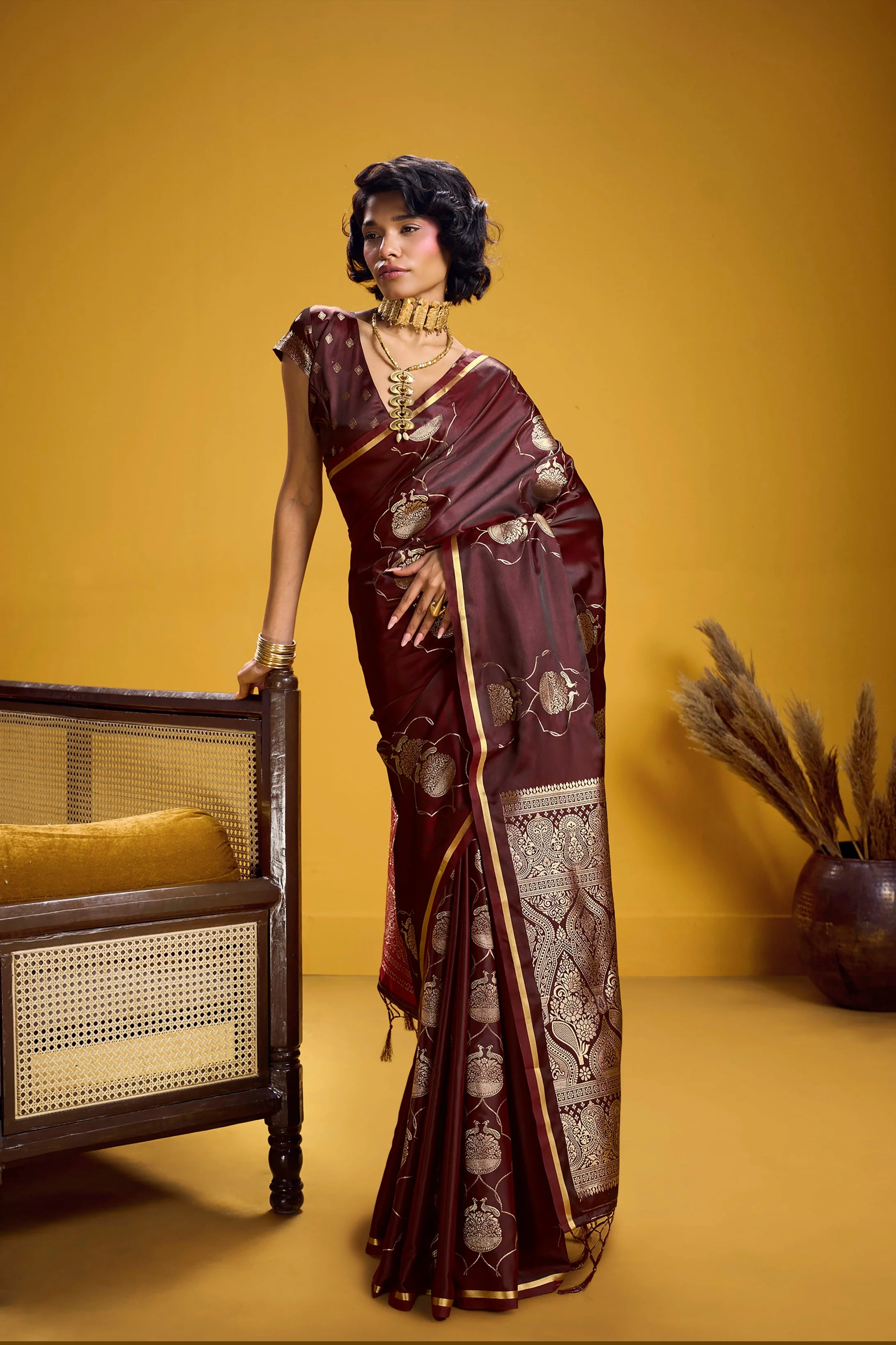 Rich Maroon Satin Handloom Saree with Gold Woven Motifs & Grand Pallu - Image 6