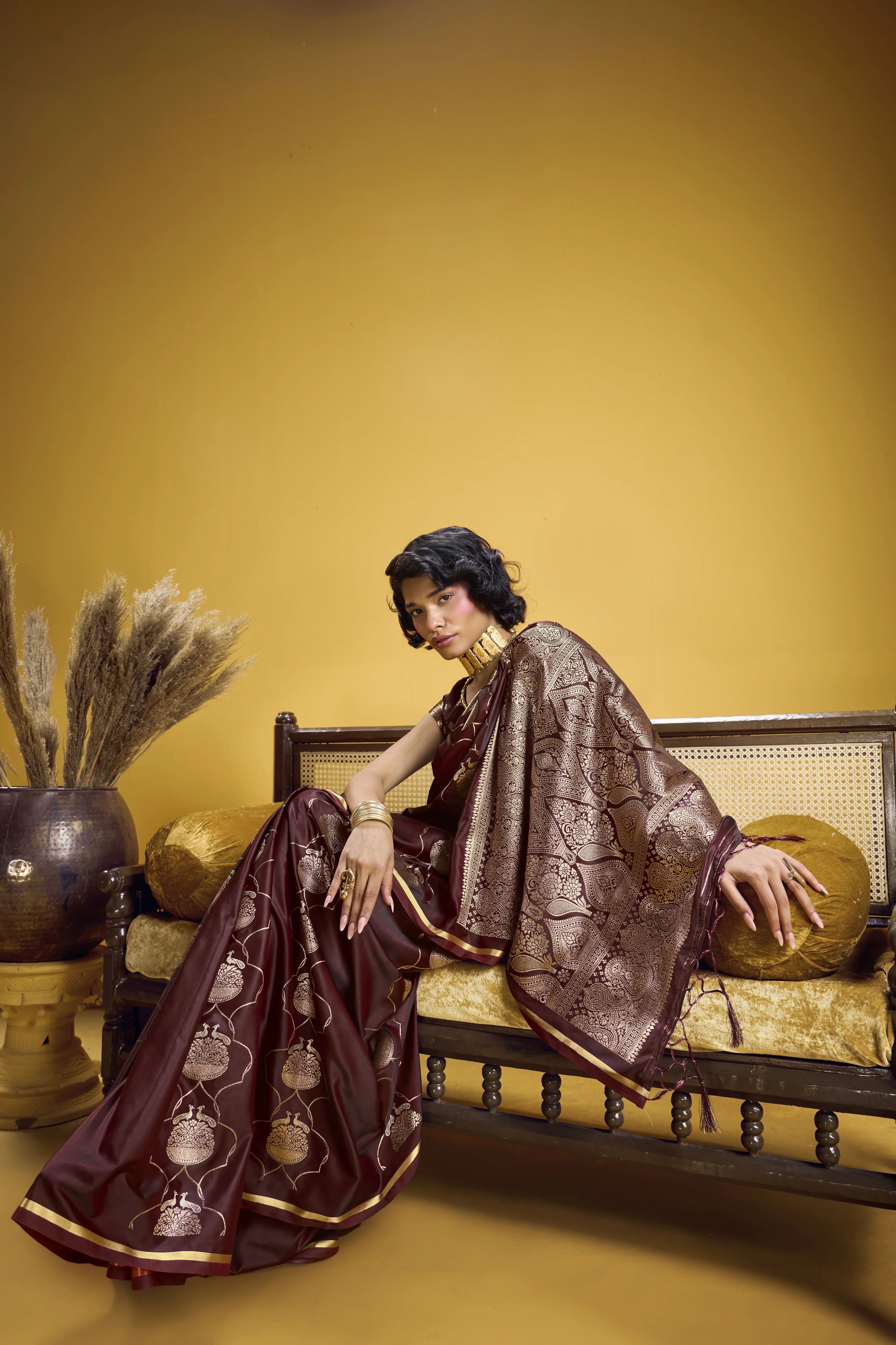 Rich Maroon Satin Handloom Saree with Gold Woven Motifs & Grand Pallu - Image 7