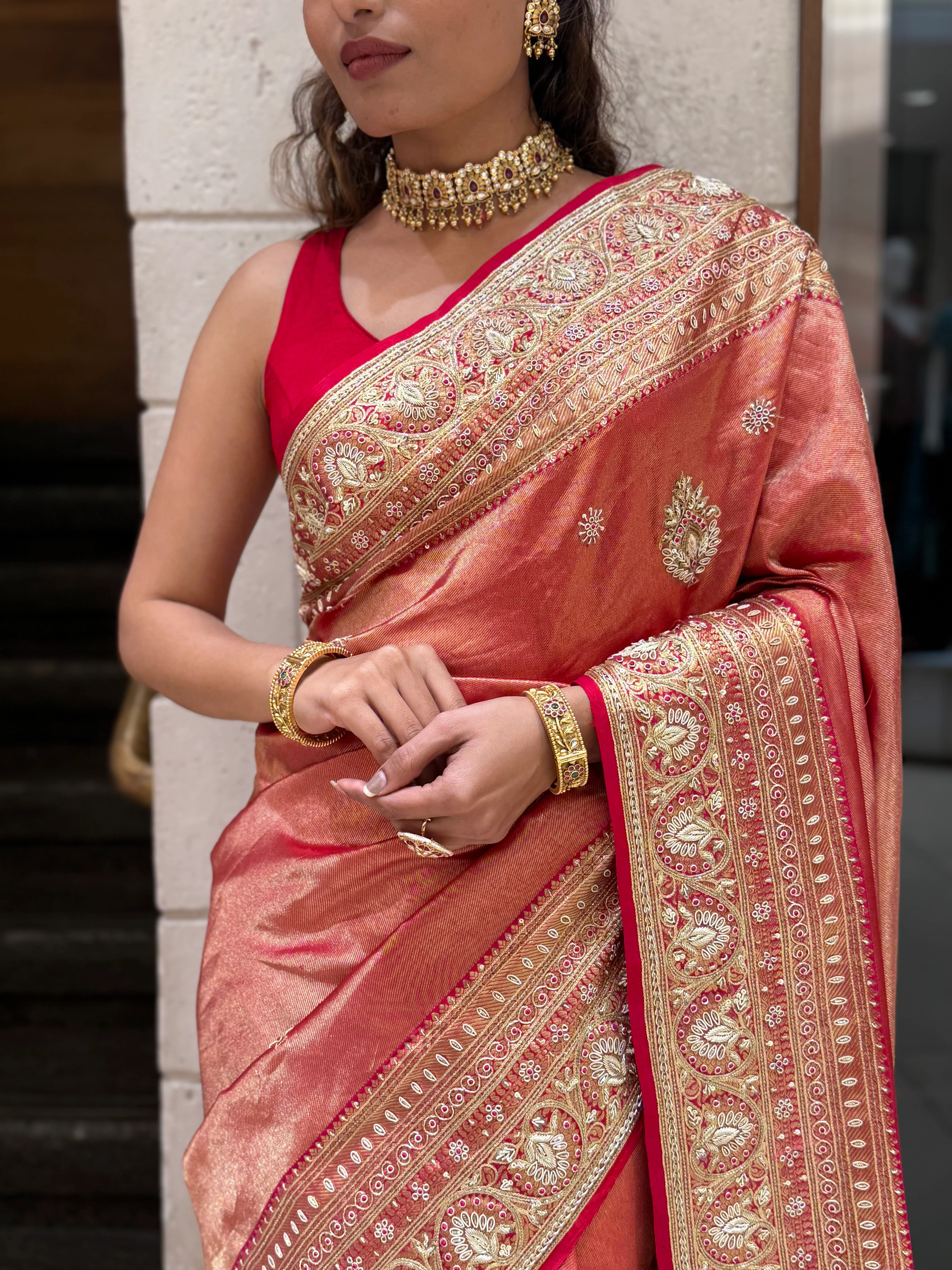 Rose Copper Banarasi Silk Saree with Intricate Zari Border & Tassel Pallu - Image 2