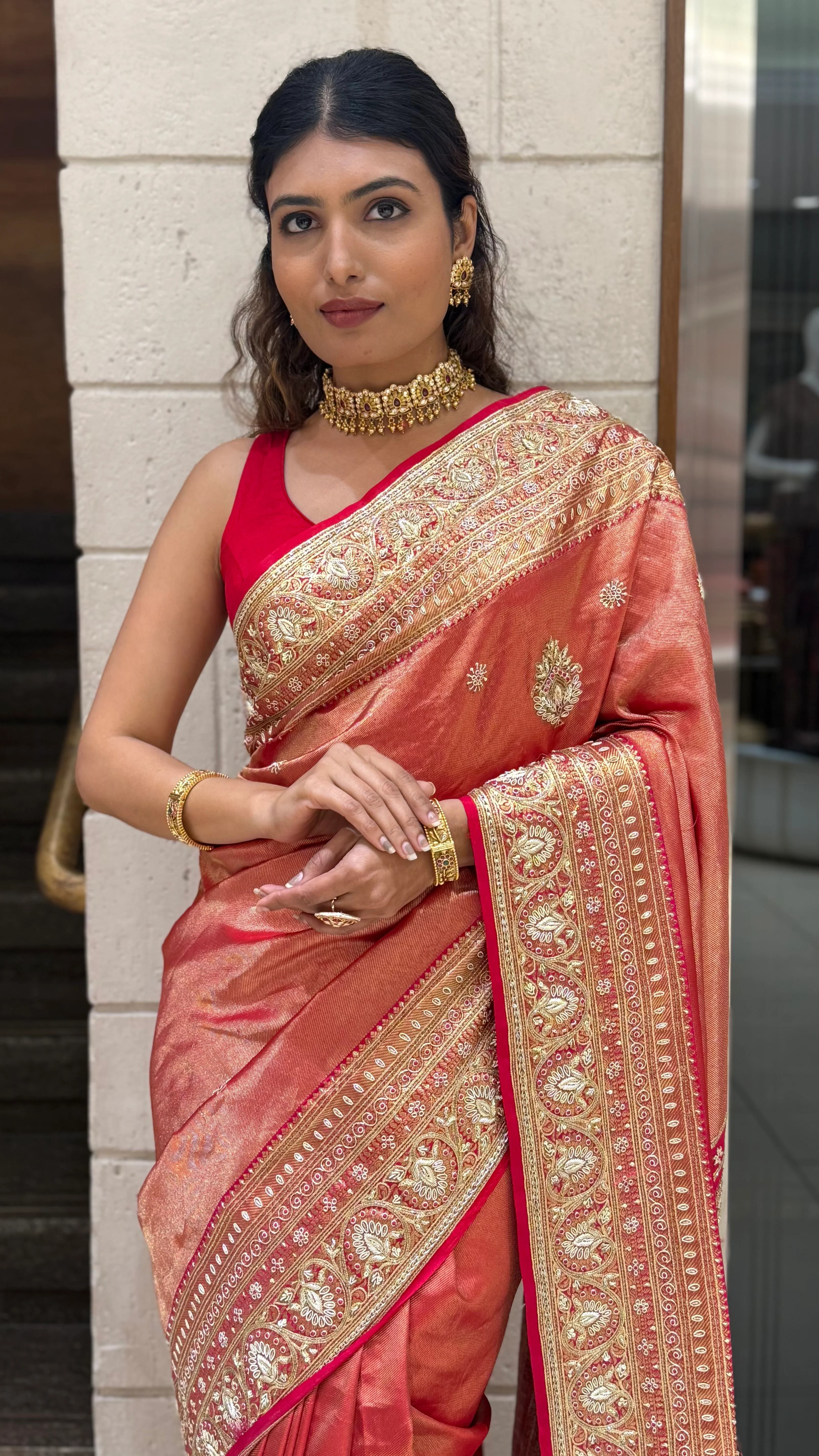 Rose Copper Banarasi Silk Saree with Intricate Zari Border & Tassel Pallu - Image 6