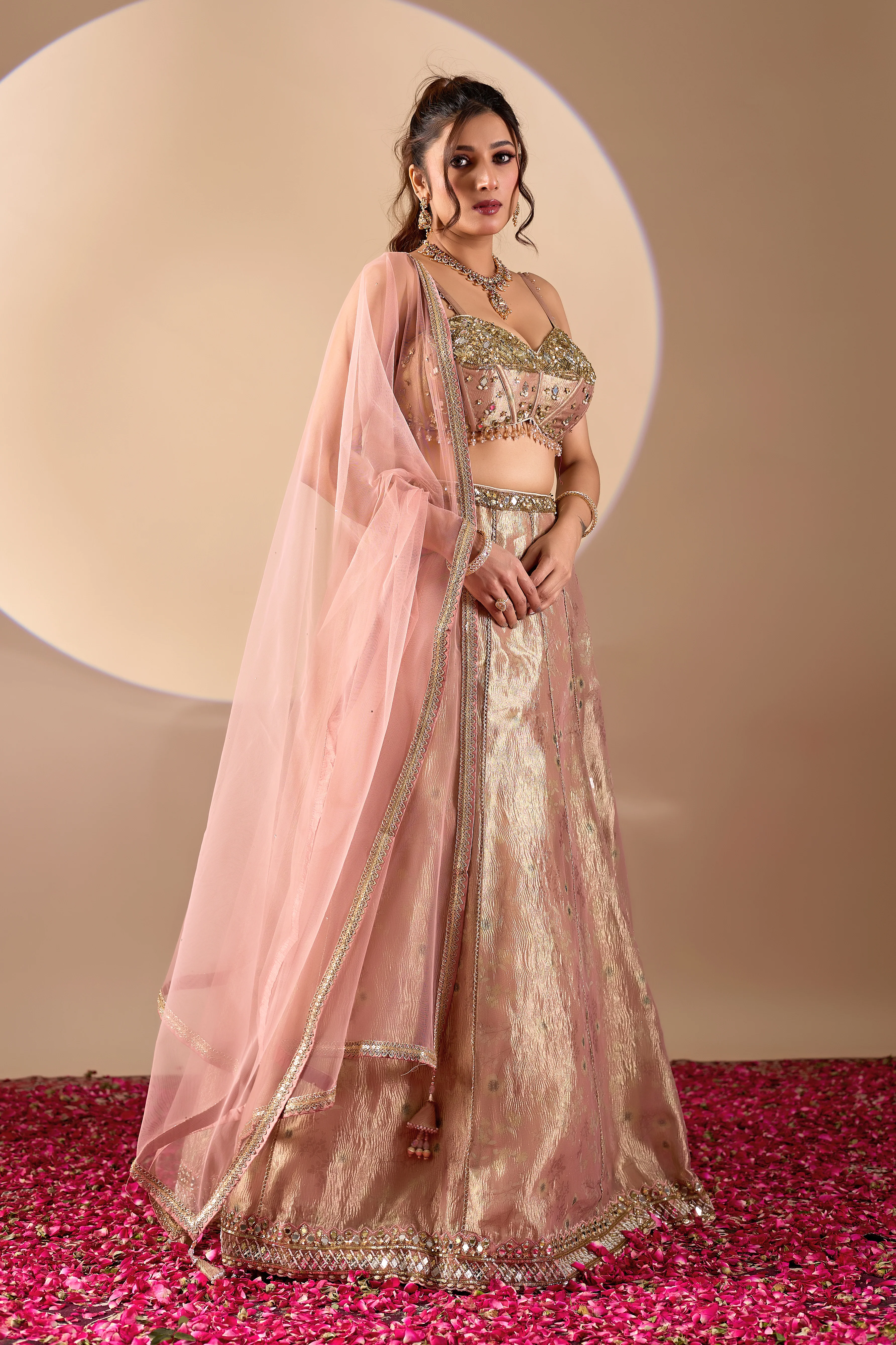 Rose Gold Embellished Lehenga Set with Dupatta - Image 4