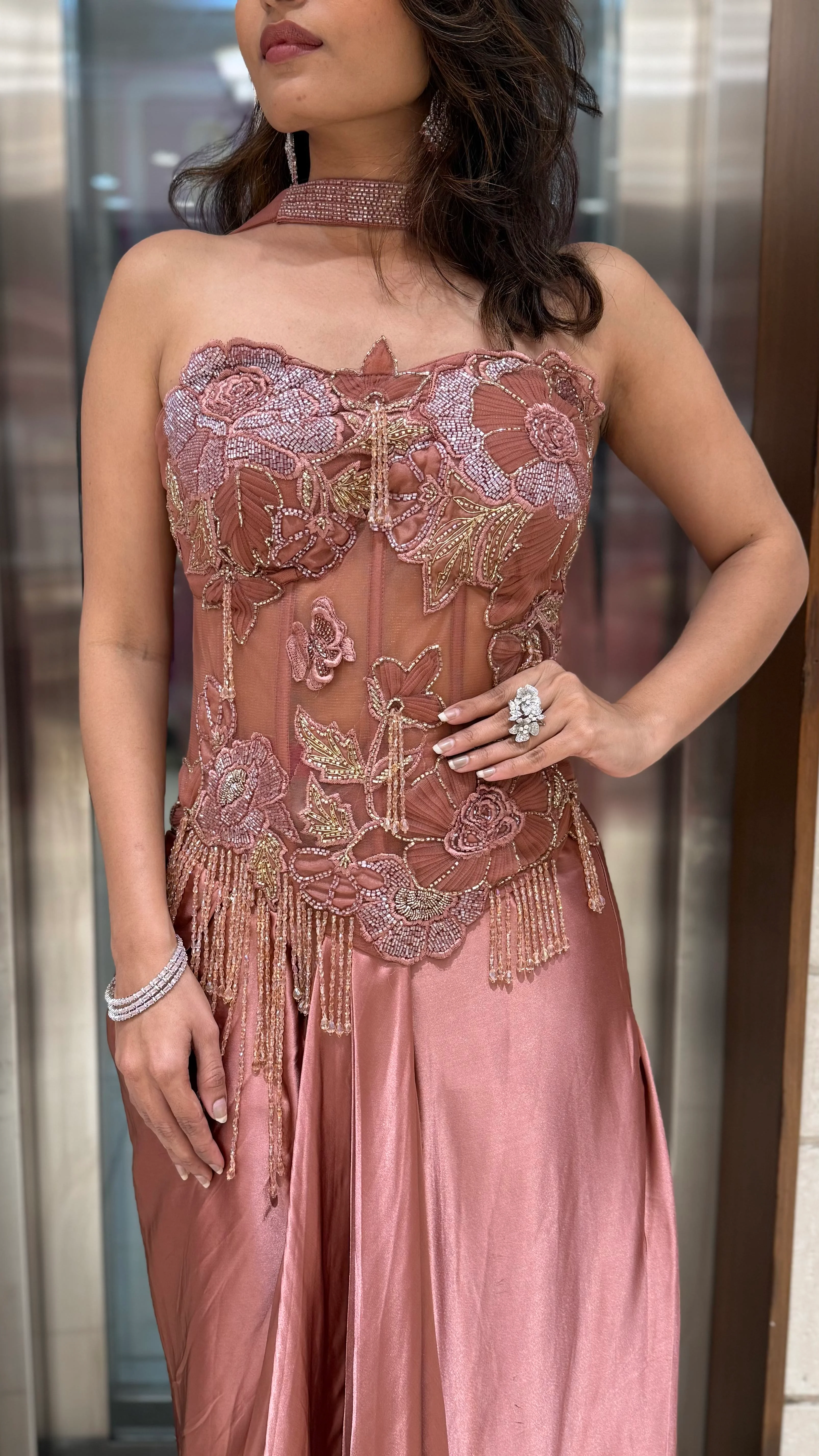 Rose Gold Embroidered Corset  with Draped Silk Skirt – Luxe Muse Edition - Image 2