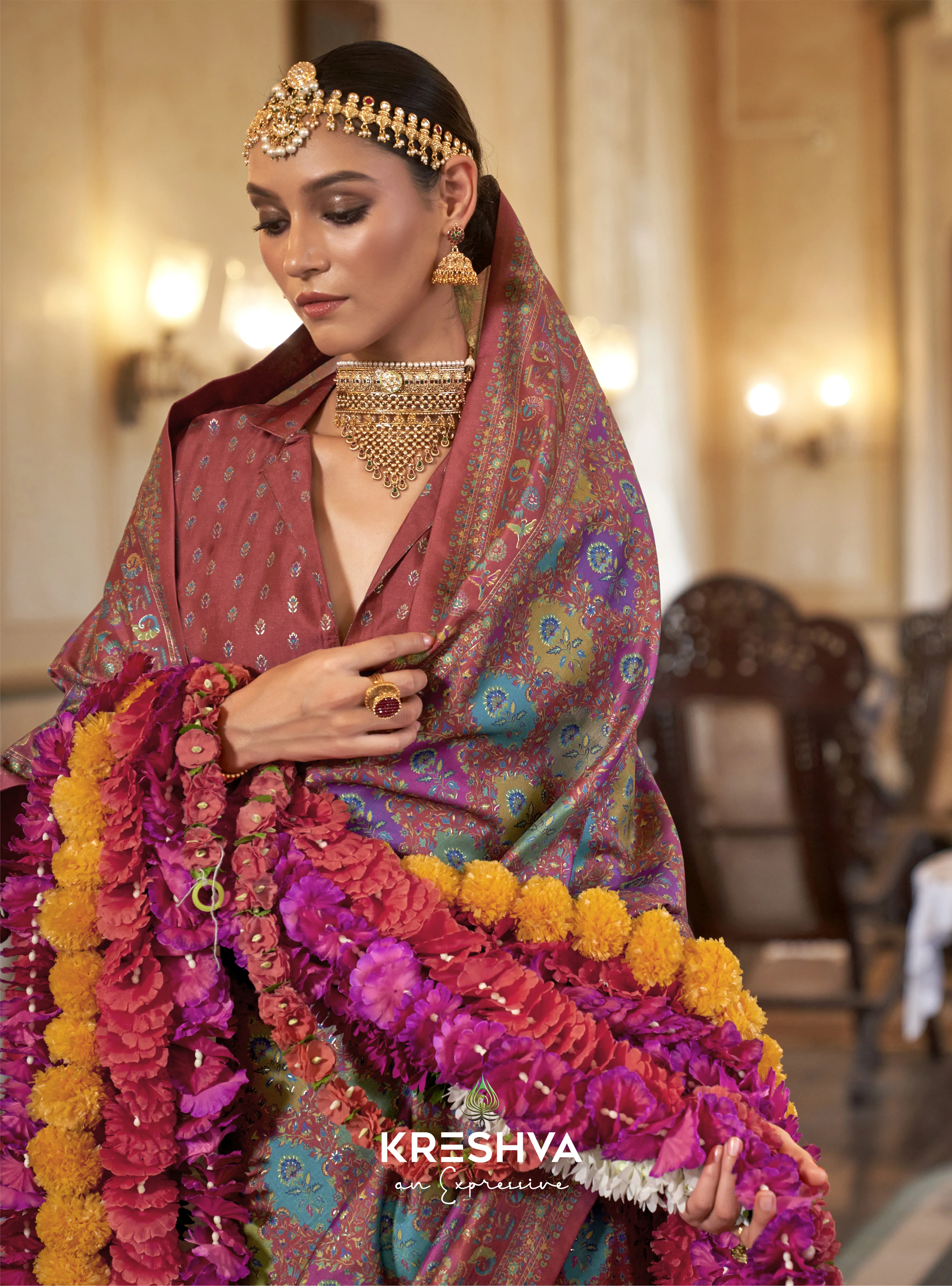 Rose Maroon Pashmina Inspired Heritage Designer Saree - Image 3