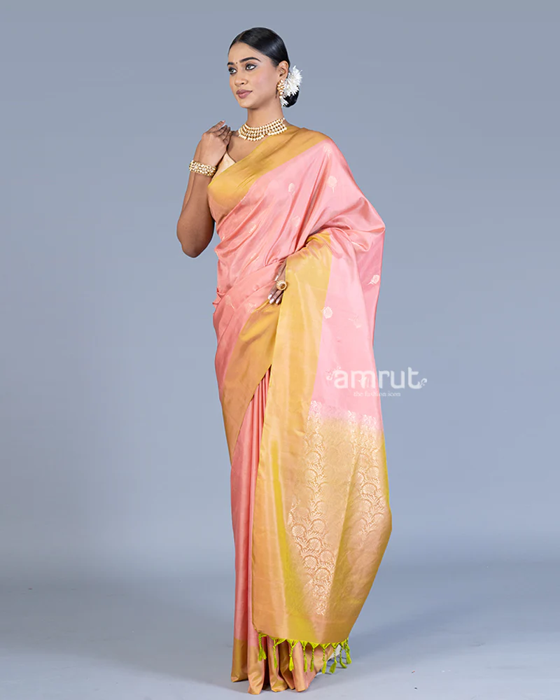 Rose Pink and Yellow Golden Zari embellished Silk Saree with Unstitched Blouse - Image 4