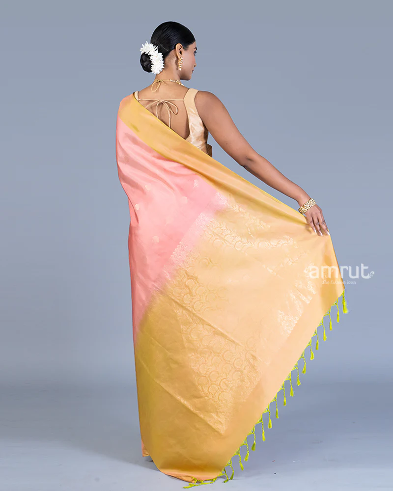 Rose Pink and Yellow Golden Zari embellished Silk Saree with Unstitched Blouse - Image 5