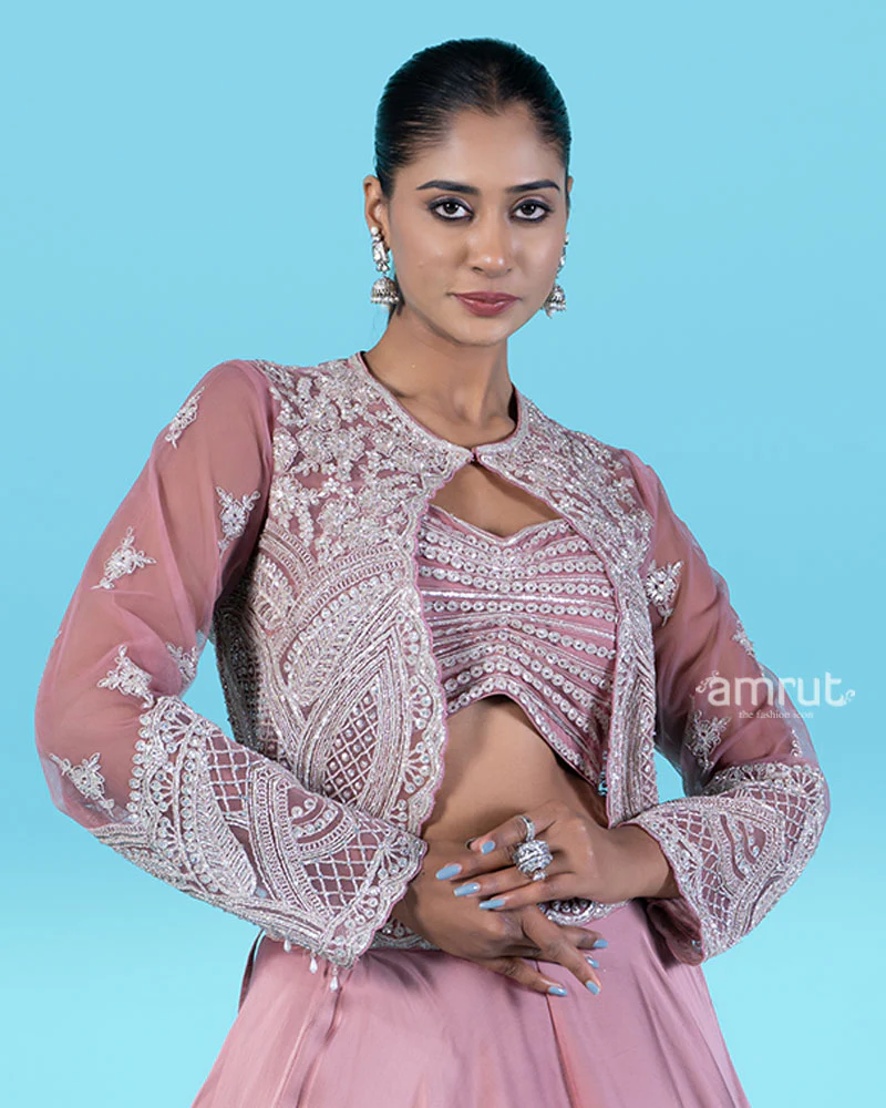 Rose-Pink Embroidered Jacket with Crop Choli and Flared Lehenga - Image 2