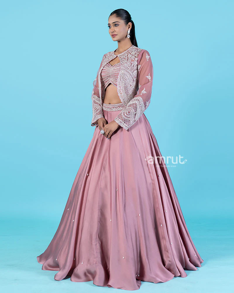 Rose-Pink Embroidered Jacket with Crop Choli and Flared Lehenga - Image 4