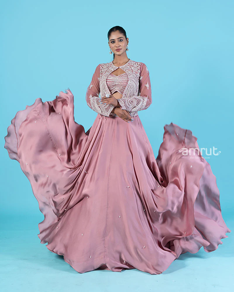 Rose-Pink Embroidered Jacket with Crop Choli and Flared Lehenga - Image 5