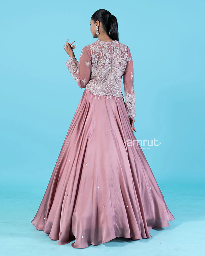 Rose-Pink Embroidered Jacket with Crop Choli and Flared Lehenga - Image 6