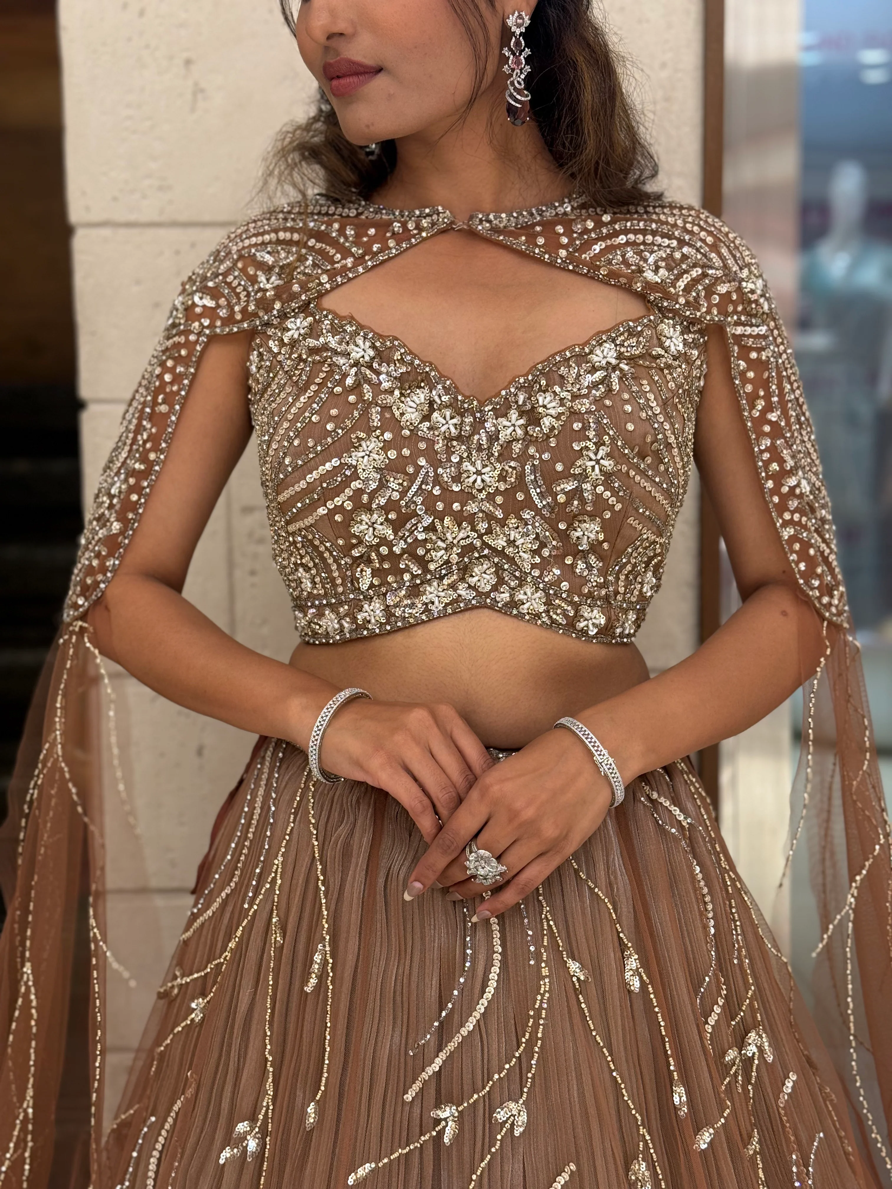Rose Taupe Sequin Embellished Designer Lehenga Choli with Cape-Style Dupatta - Image 2