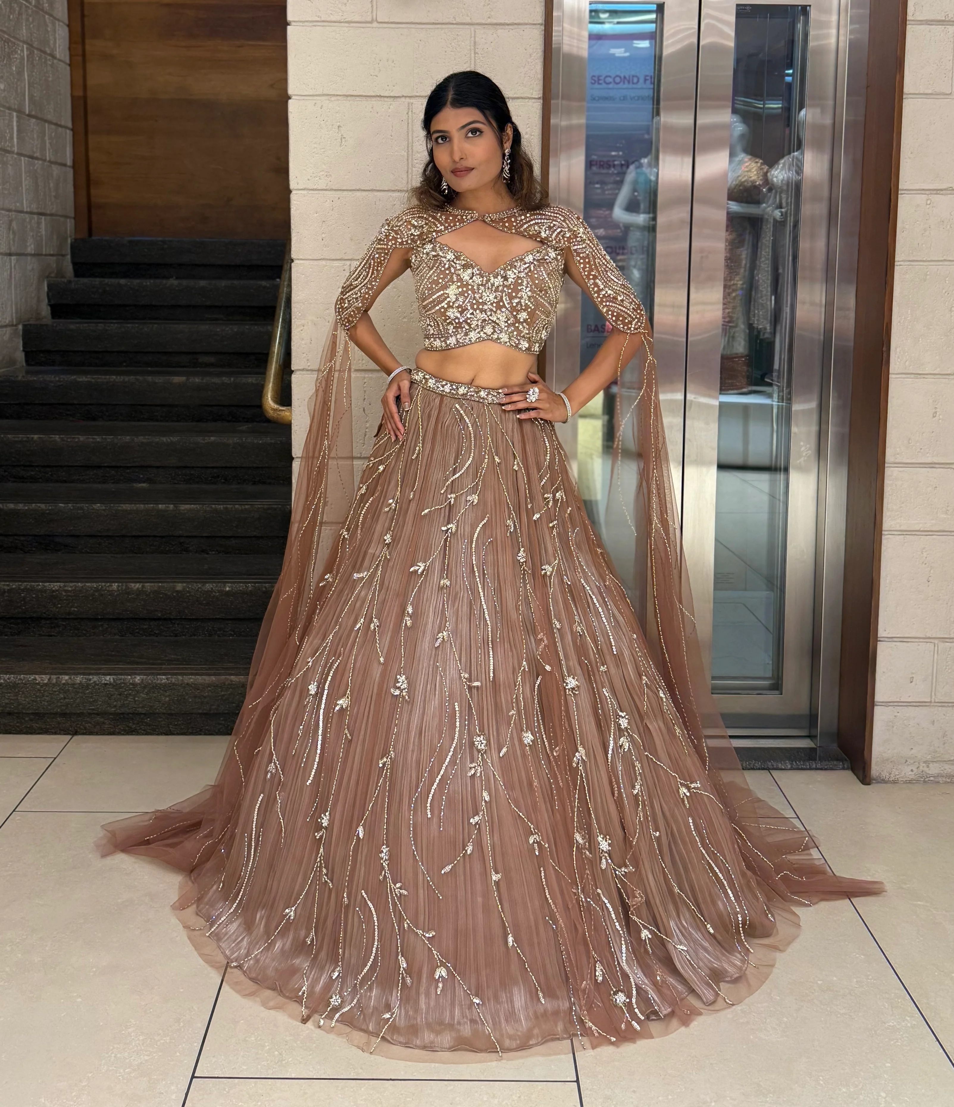 Rose Taupe Sequin Embellished Designer Lehenga Choli with Cape-Style Dupatta - Image 3