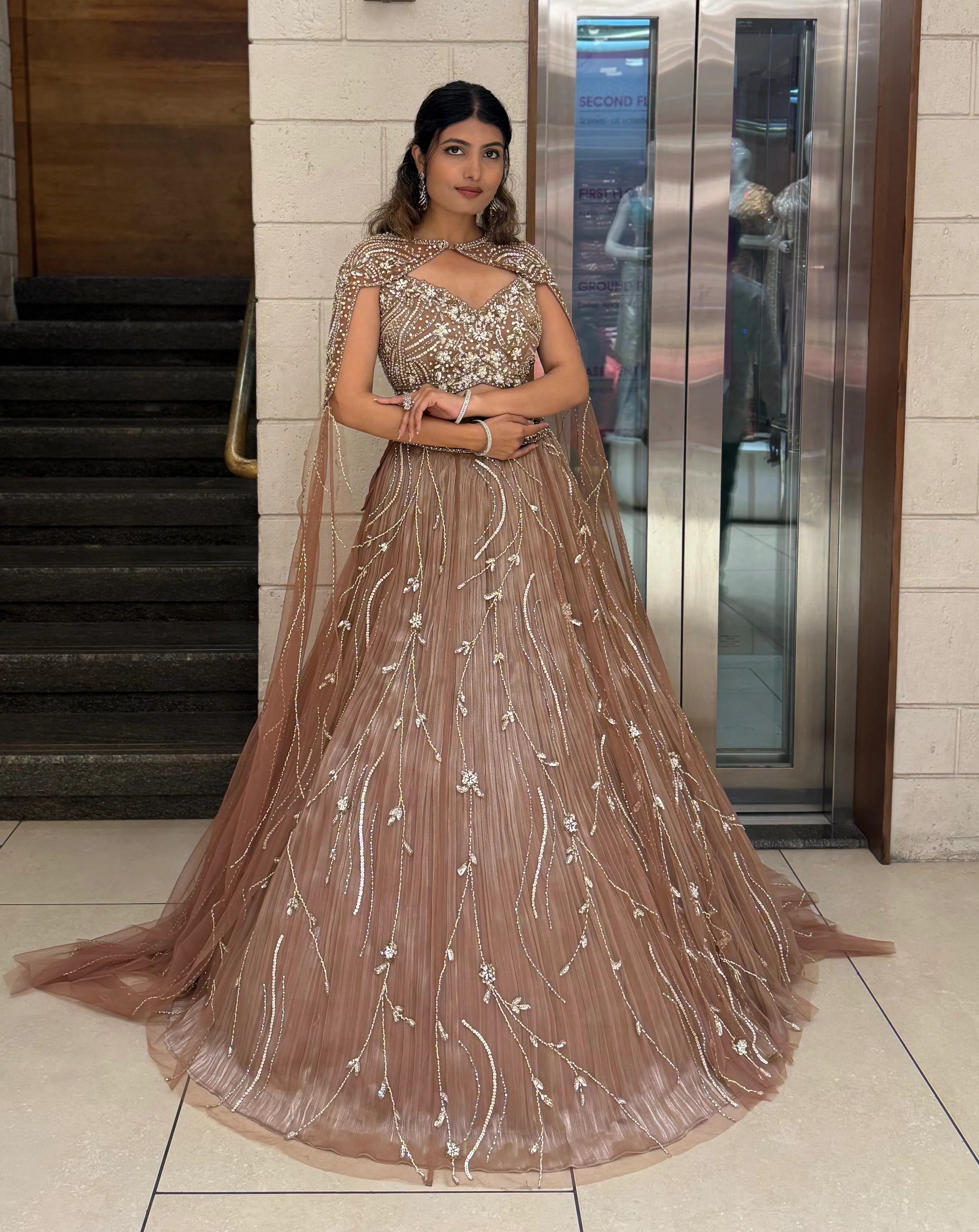 Rose Taupe Sequin Embellished Designer Lehenga Choli with Cape-Style Dupatta - Image 4